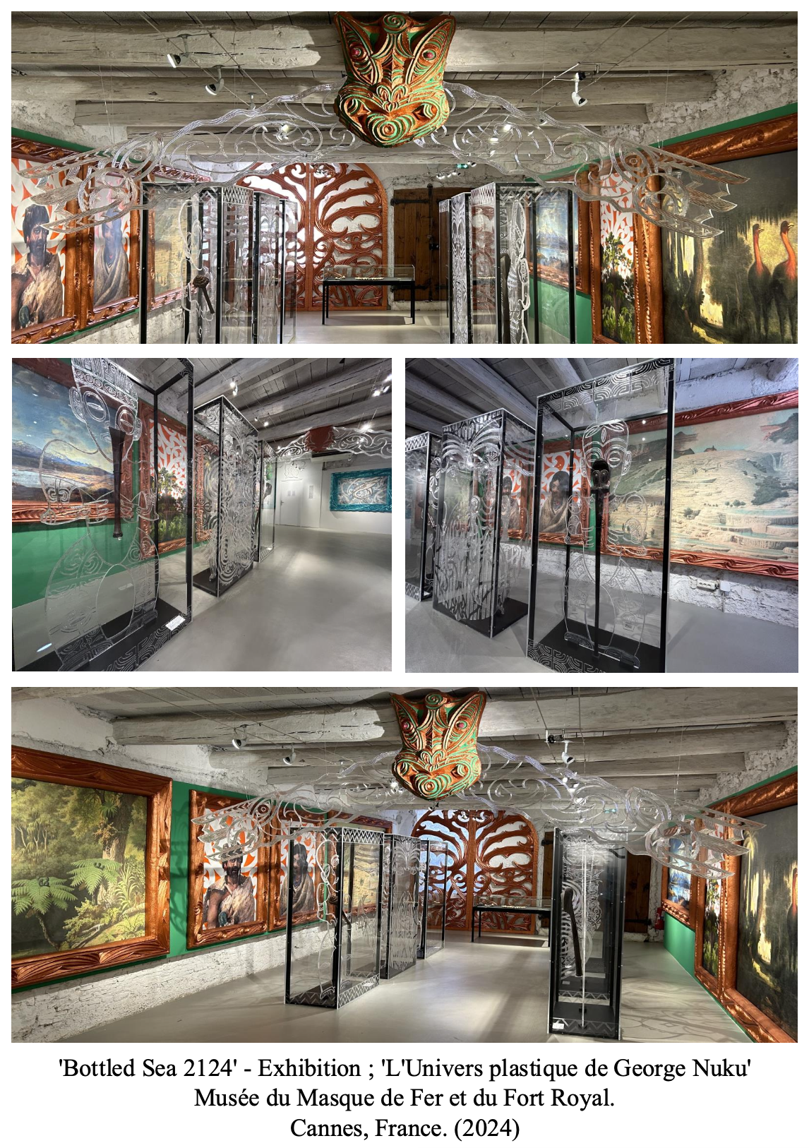 Images of an art exhibit titled 'Bottled Sea 2124' by George Nuku, displayed at the Musée du Masque de Fer et du Fort Royal in Cannes, France, 2024. The exhibit features paintings of nature and human figures, decorative wooden carvings, and transparent art panels with intricate designs, all set in a gallery with white painted brick walls and concrete ceilings.