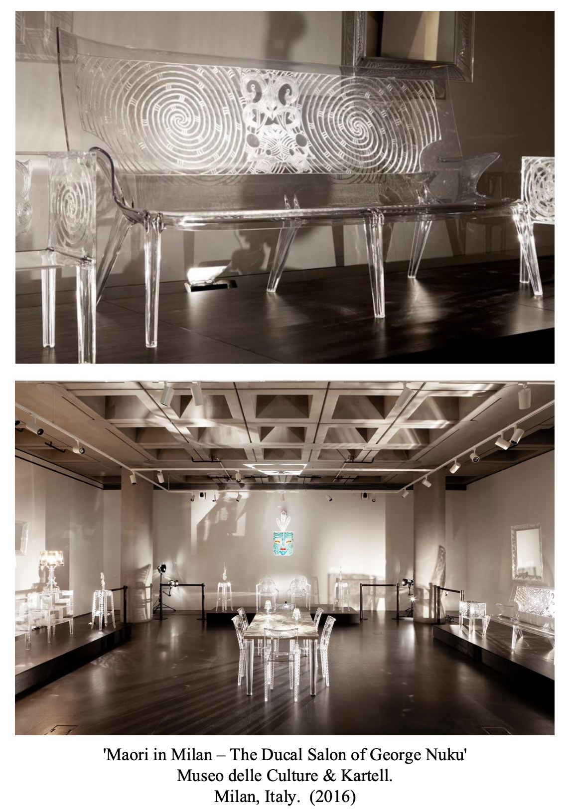 Exhibition room with transparent, intricately carved furniture and Maori artwork, including a carved face mask, on display at the Museo delle Culture & Kartell in Milan, Italy, 2016.