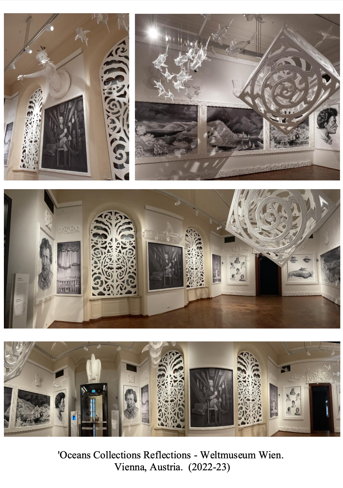 Interior of the 'Oceans Collections Reflections' exhibit at Weltmuseum Wien in Vienna, Austria, featuring black and white artwork, intricate white decorative panels, hanging glass sculptures resembling fish or jellyfish, and portraits of historical figures.