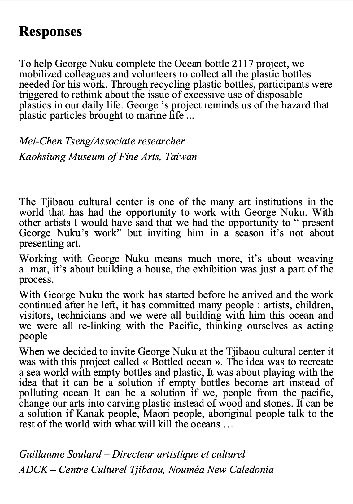 Text document with a response about an art project involving collecting plastic bottles to create awareness about ocean pollution, attributed to Guillermo Soulard at the Centre Culturel Tjibaou in New Caledonia.