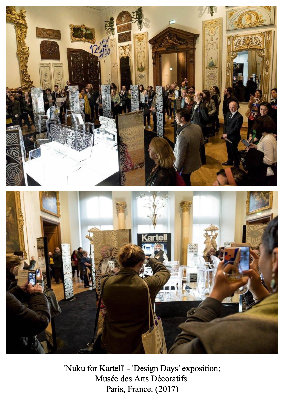 People attending the 'Nuku for Kartell' Design Days exhibition at Musée des Arts Décoratifs in Paris, France, 2017. The photos show a crowded room with art displays, many visitors taking photos, and ornate architectural details.