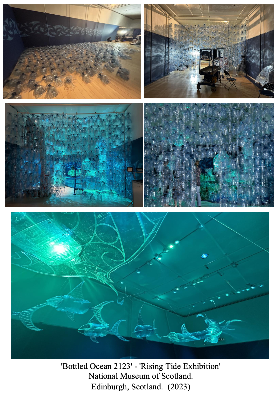 Exhibition artwork titled 'Bottled Ocean 2123' at the National Museum of Scotland, featuring multiple scenes of a large art installation made of plastic bottles and illuminated with blue and green lights, depicting underwater scenes and sea creatures.