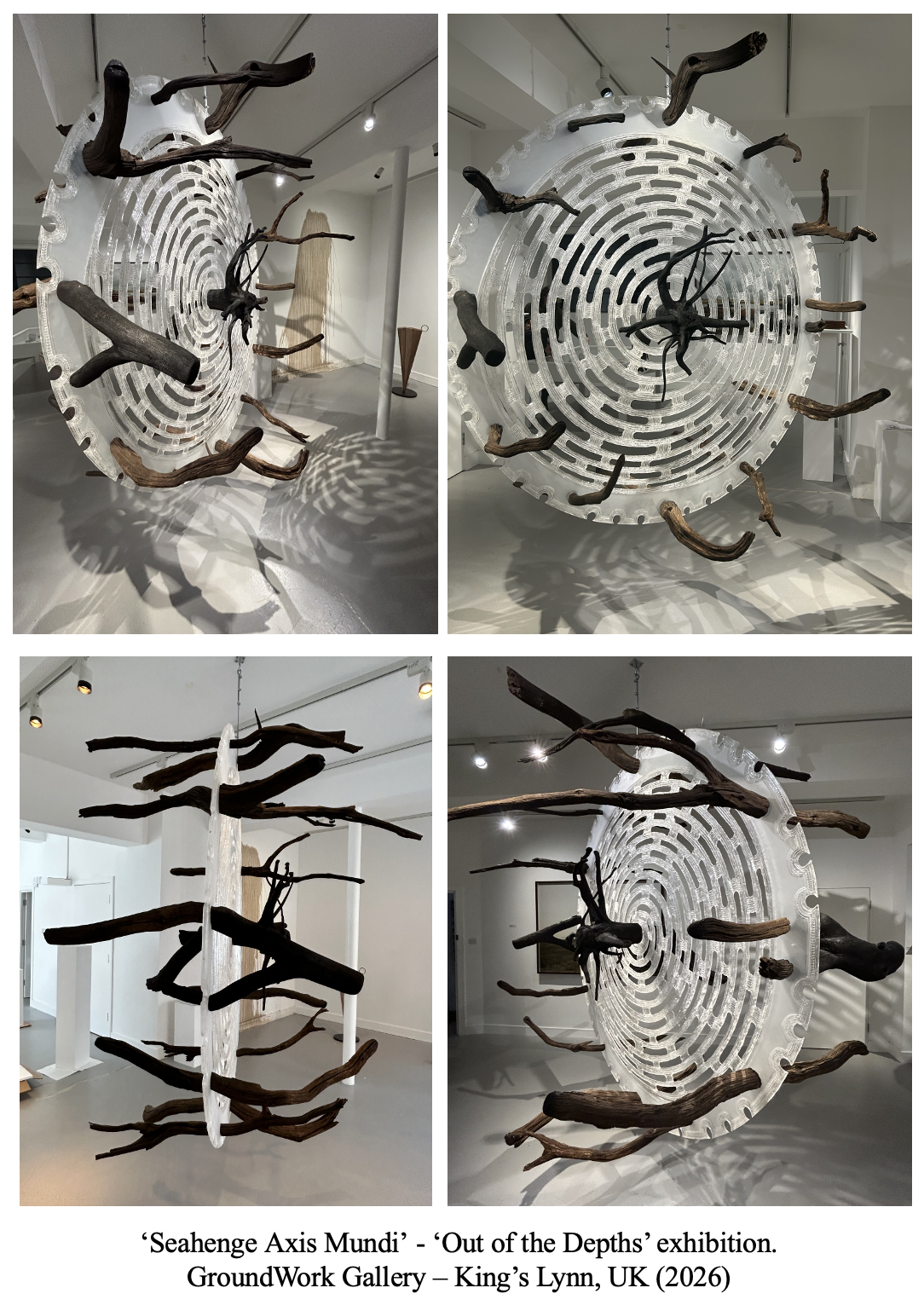 Installation art piece titled 'Seahenge Axis Mundi' with circular, maze-like structure made of white material, adorned with dark, twisted wooden branches extending outward in various directions, displayed in an art gallery.