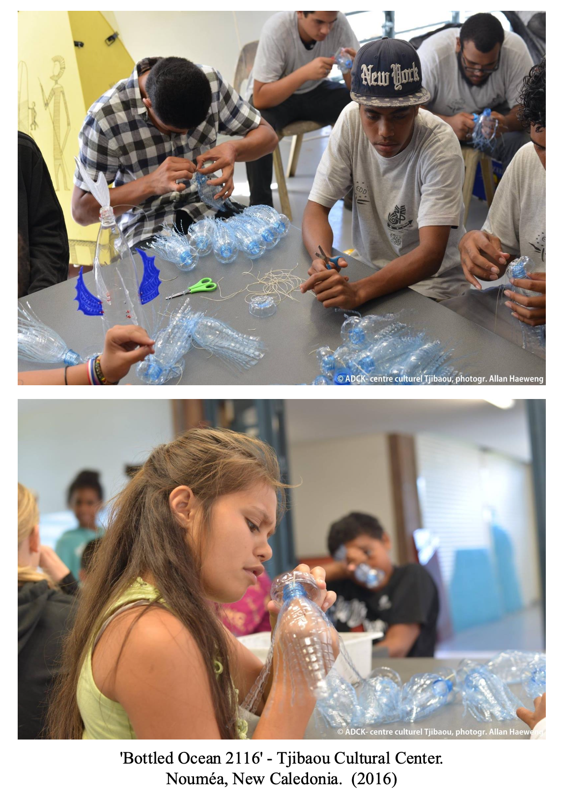 Young people creating art projects using plastic bottles at Tjibaou Cultural Center in Nouméa, New Caledonia, in 2016.