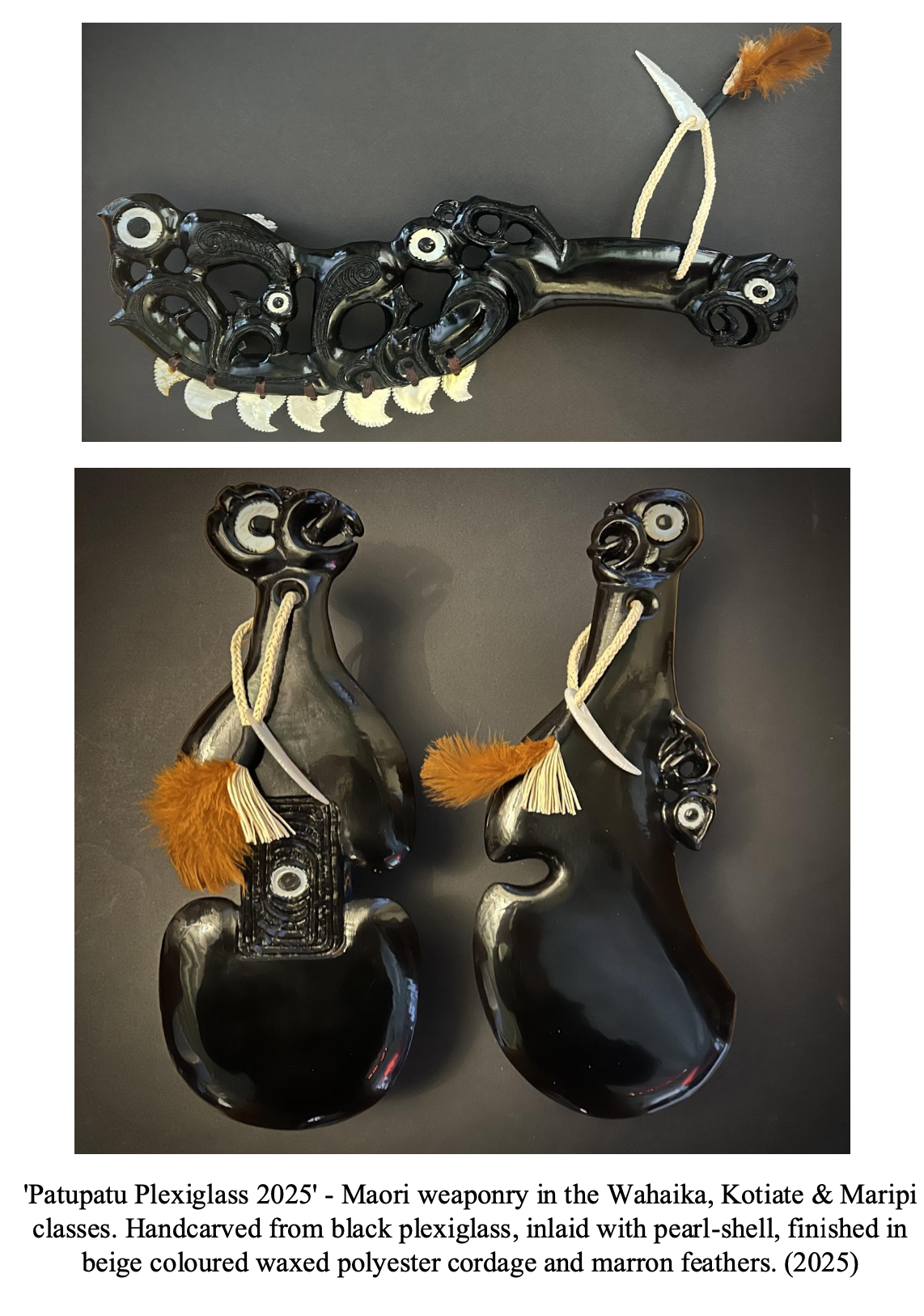 Two Māori weaponry pieces made from black plexiglass, adorned with pearl-shell inlays. The top piece is a long, intricately carved weapon with a feather attached, while the bottom two are carved pouches or containers with stylized handles, each decorated with feathers and a small pearl-shell element. All are finished in beige-colored waxed polyester cordage and brown feathers, crafted by Kotiate and Maripi in 2025.