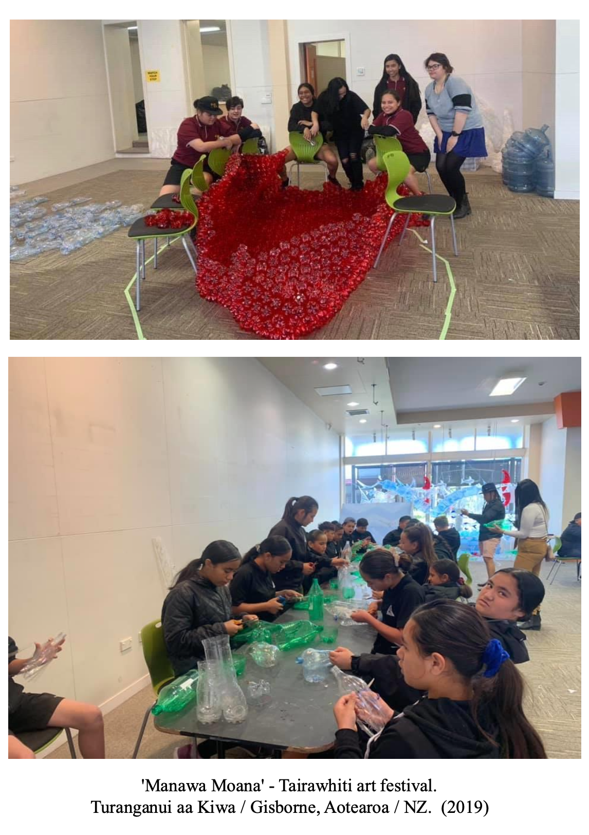 Two groups of people working on a Tairawhiti art festival project called 'Manawa Moana' in Gisborne, New Zealand, 2019. The top image shows children and adults assembling a large heart-shaped art piece made of red flowers or beads in an indoor space. The bottom image shows children and adults at a table sorting and assembling green plastic bottles in an indoor space with large windows.