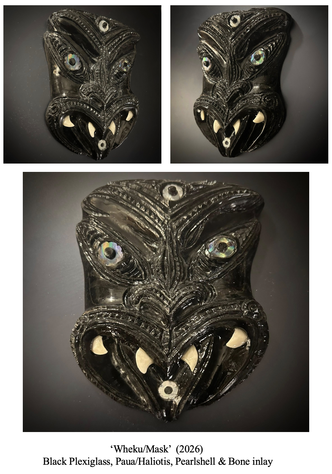 A black plexiglass mask titled 'Wheku/Mask' from 2026, featuring Paua/Haliotis shells, Pearl Shell, and Bone inlay, designed to resemble a fierce face with sharp teeth and multiple eyes.