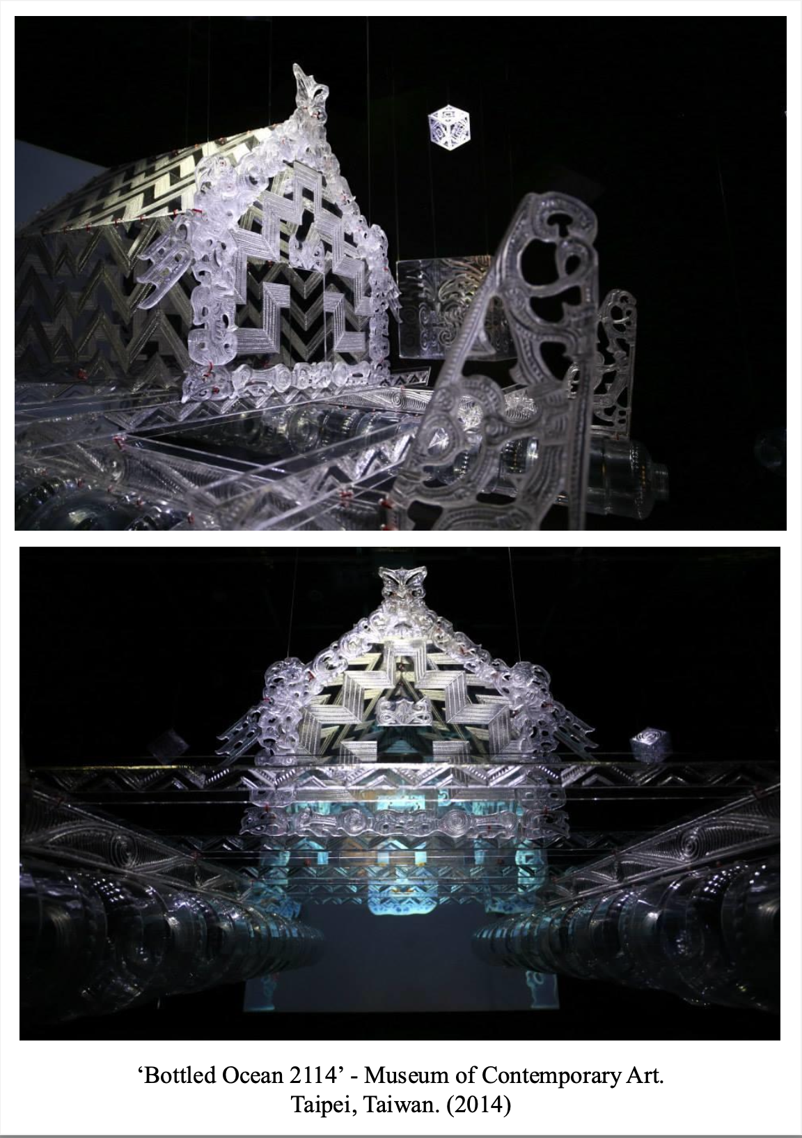 Glass art sculpture titled 'Bottled Ocean 2114' displayed at the Museum of Contemporary Art in Taipei, Taiwan, created in 2014. The sculpture features intricate, clear geometric and ornamental designs.