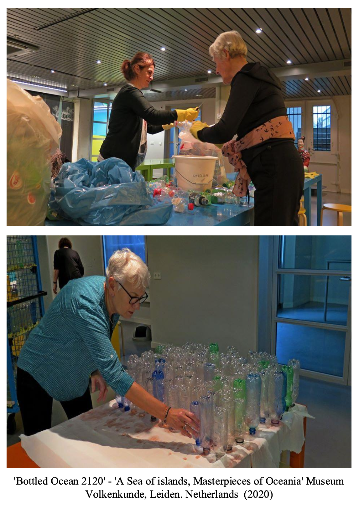 Two women working with plastic bottles and waste materials in an indoor setting, preparing for an art installation titled 'Bottled Ocean 2120' at the A Sea of Islands, Masterpieces of Oceania Museum in Leiden, Netherlands.