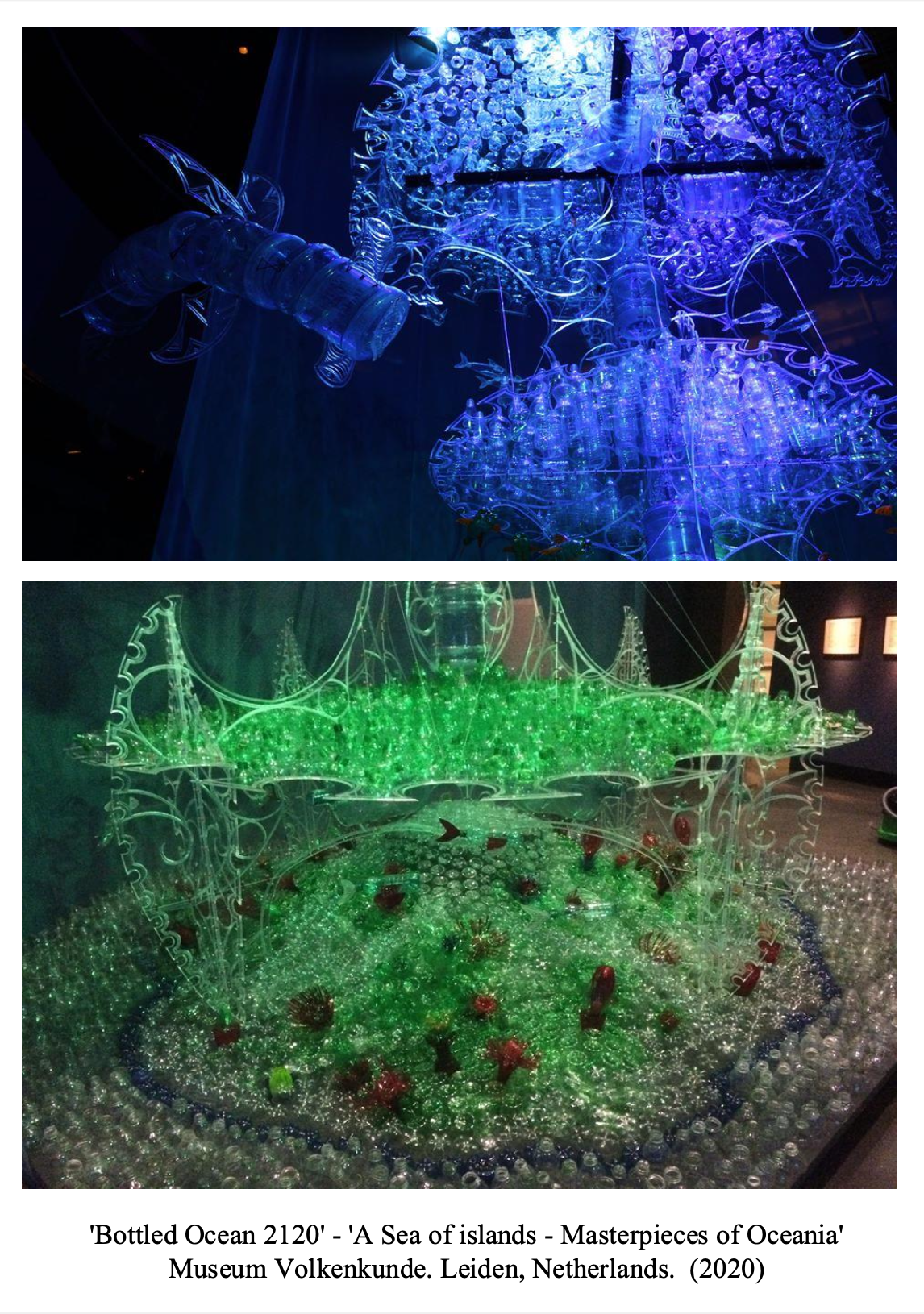 Two illuminated glass sculptures resembling ocean scenes, one in blue and the other in green, displayed in a museum with a dark background.