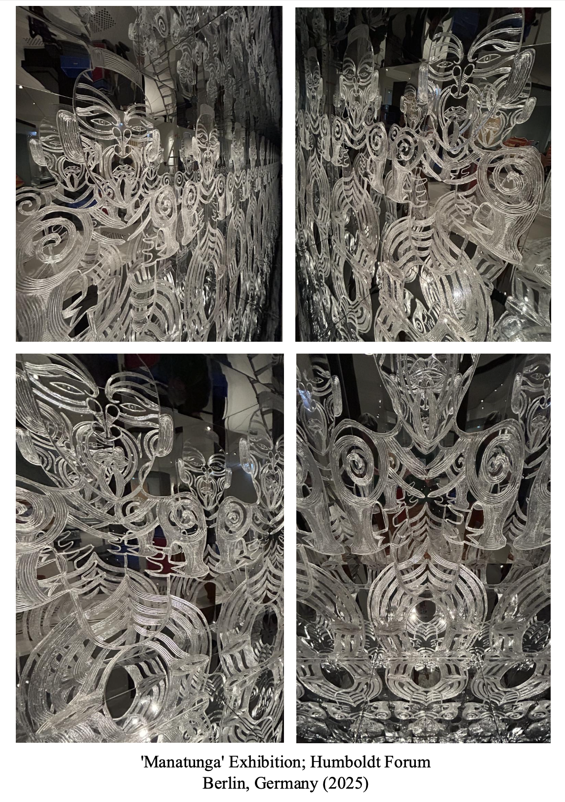 Glass art installation titled 'Manutapu' at the Humboldt Forum, Berlin, Germany, 2025, featuring intricate, swirling patterns and tribal motifs.
