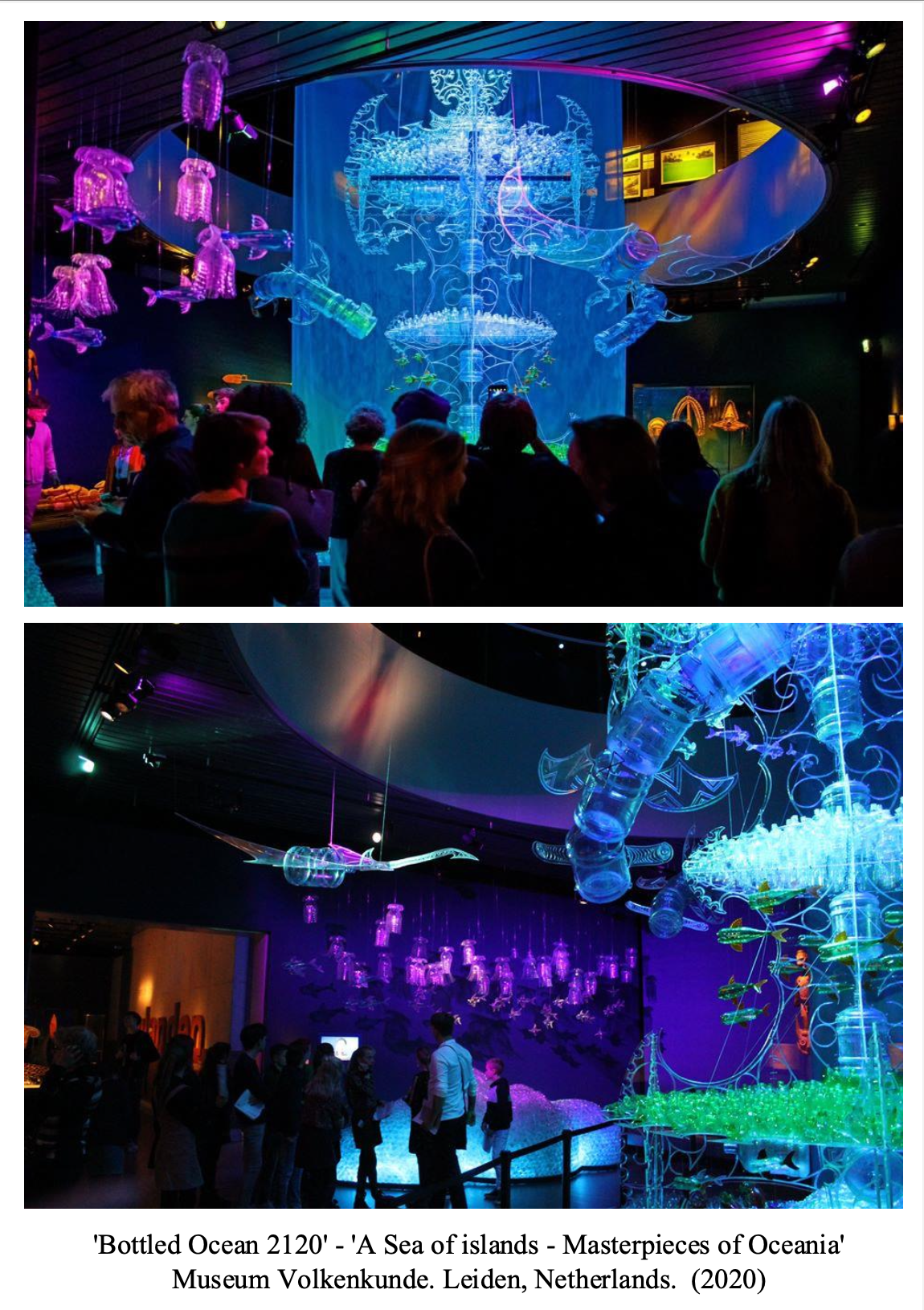 Two images showing an art exhibit called 'Bottled Ocean 2120' at Museum Volkenkunde in Leiden, Netherlands, 2020. The exhibit features illuminated sculptures of marine life, submarine objects, and underwater scenes with vibrant, glowing colors, with visitors observing and engaging with the displays.
