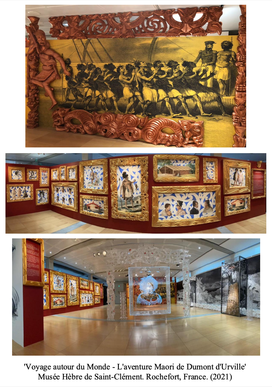 Exhibition displays Maori artwork, including a large carved wooden frame with a traditional painting of Maori people and a dance, alongside framed pictures of Maori people and scenes, in a museum in Rochefort, France, 2021.