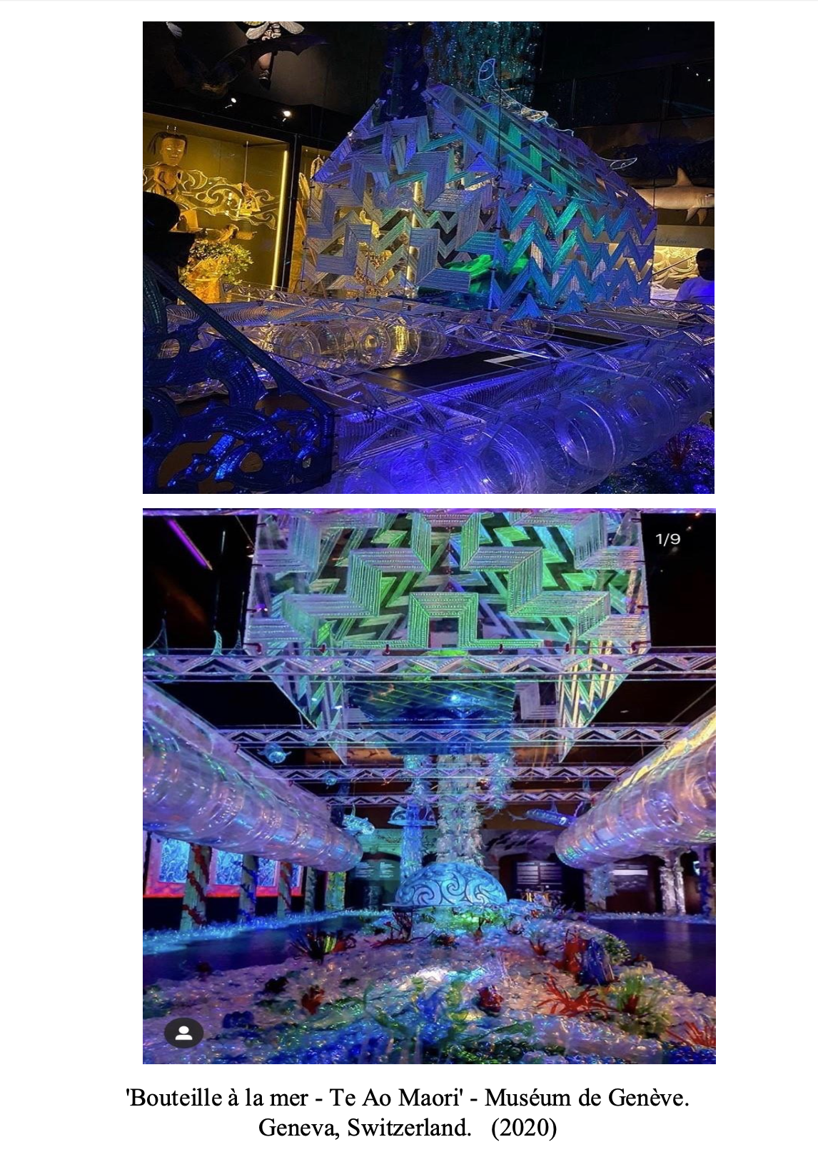 Colorful glass art installation at the Musée de Genève, resembling a large bottle with intricate geometric patterns, illuminated in vibrant blue, green, purple, and yellow lights.