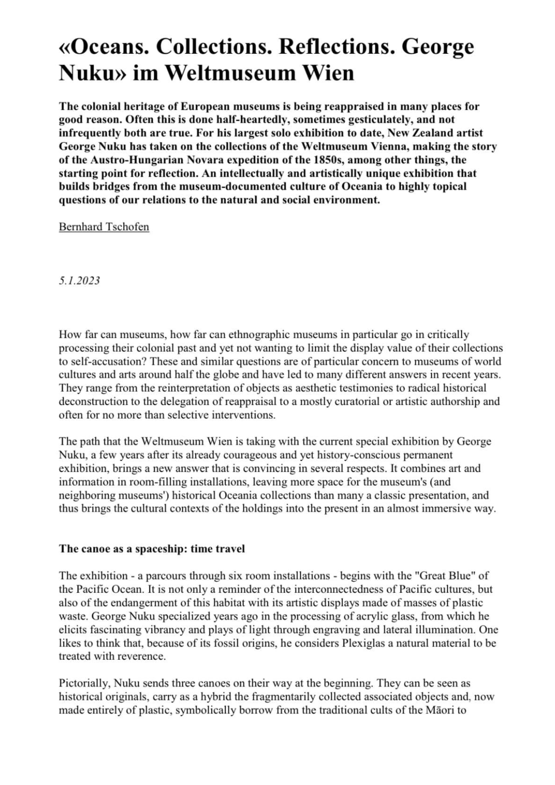 Article titled "Oceans. Collections. Reflections. George Nuku" at Weltmuseum Wien, discussing museum curation, Oceania collections, and George Nuku's exhibition.