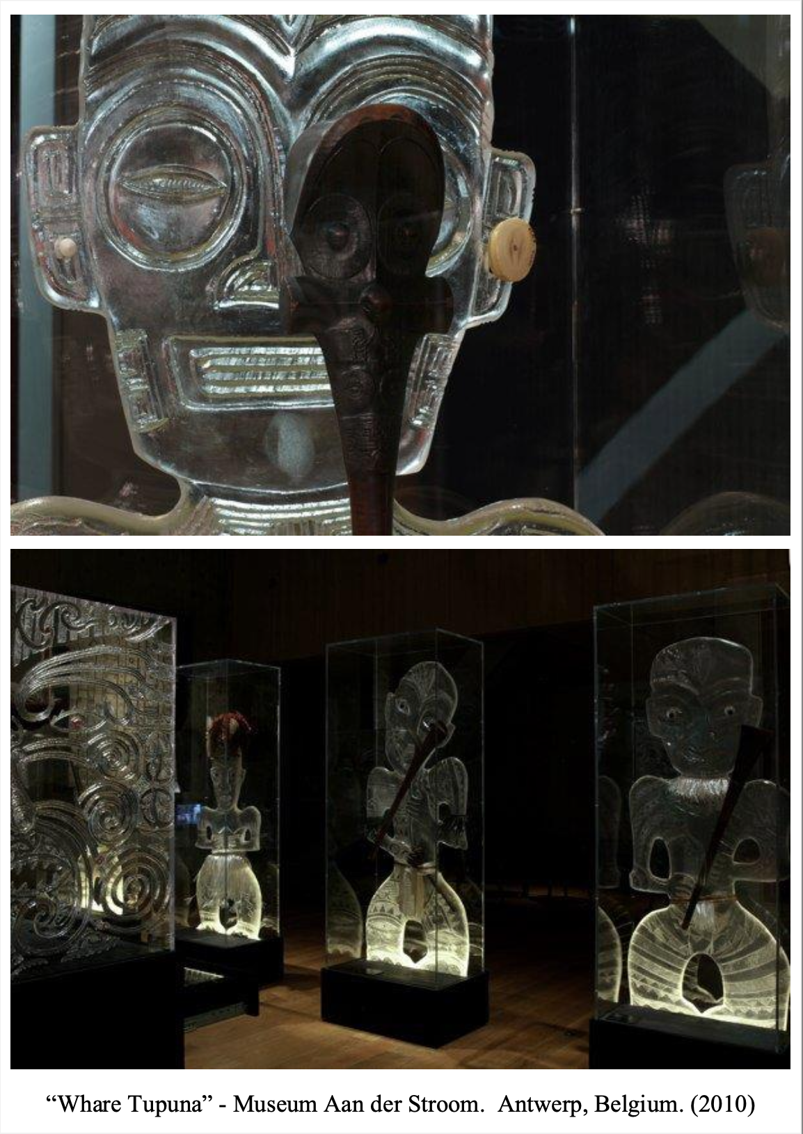 Glass art sculptures of abstract and tribal-inspired faces and figures in a museum exhibit, titled 'Whare Tupuna', at Museum Aan de Stroom in Antwerp, Belgium, 2010.
