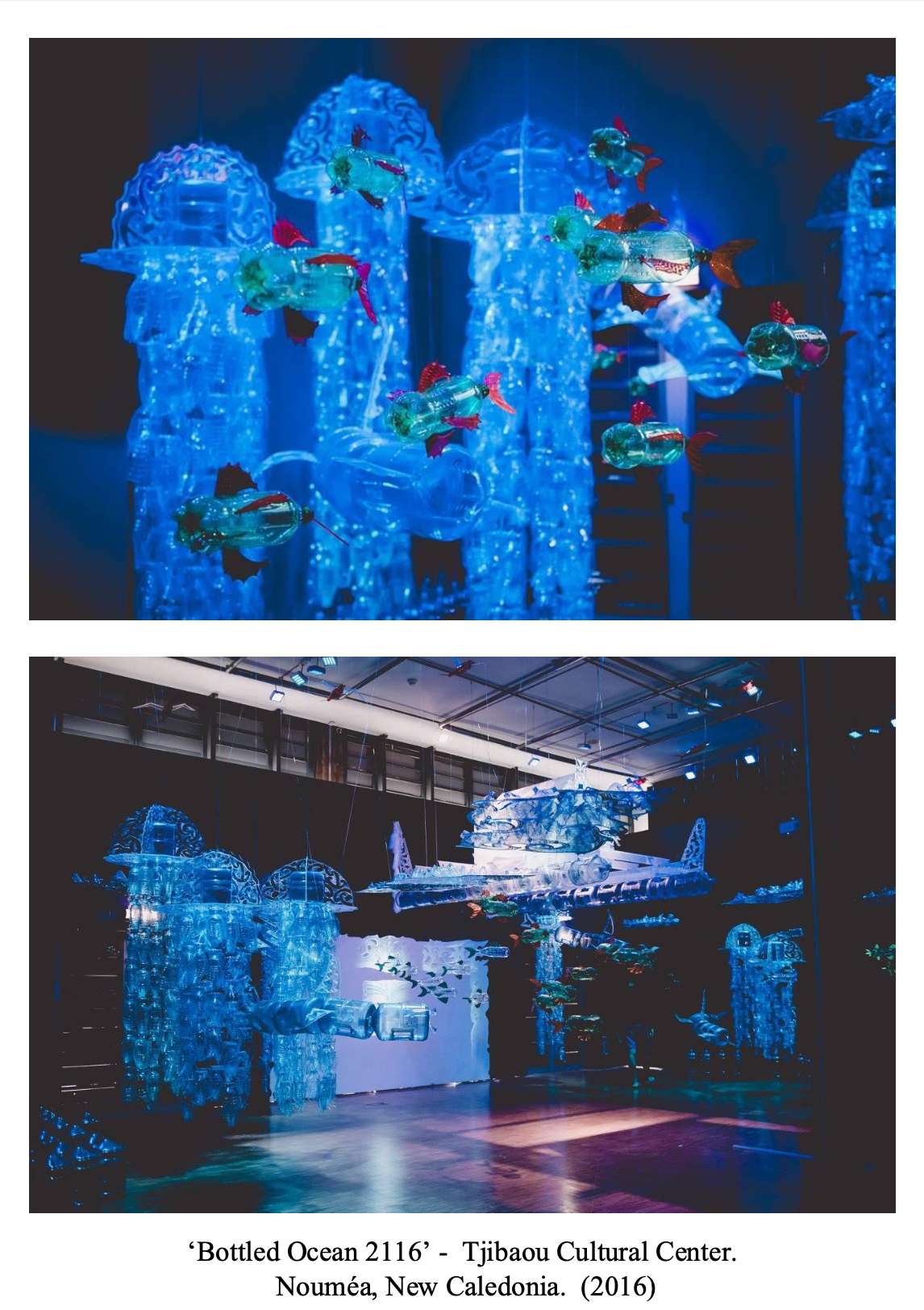 Art installation titled 'Bottled Ocean 2116' at Tjibaou Cultural Center in Nouméa, New Caledonia, 2016. Features illuminated blue plastic sculptures of jellyfish and marine life made from recycled bottles.