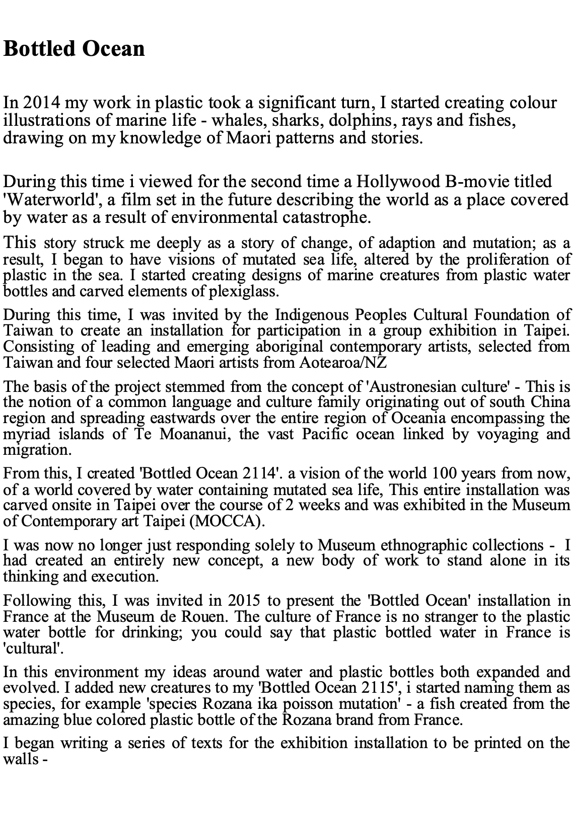 Text describing an artist's work and inspiration related to bottled ocean and marine life created from plastic bottles and other materials, discussing projects exhibited in Taipei and France.