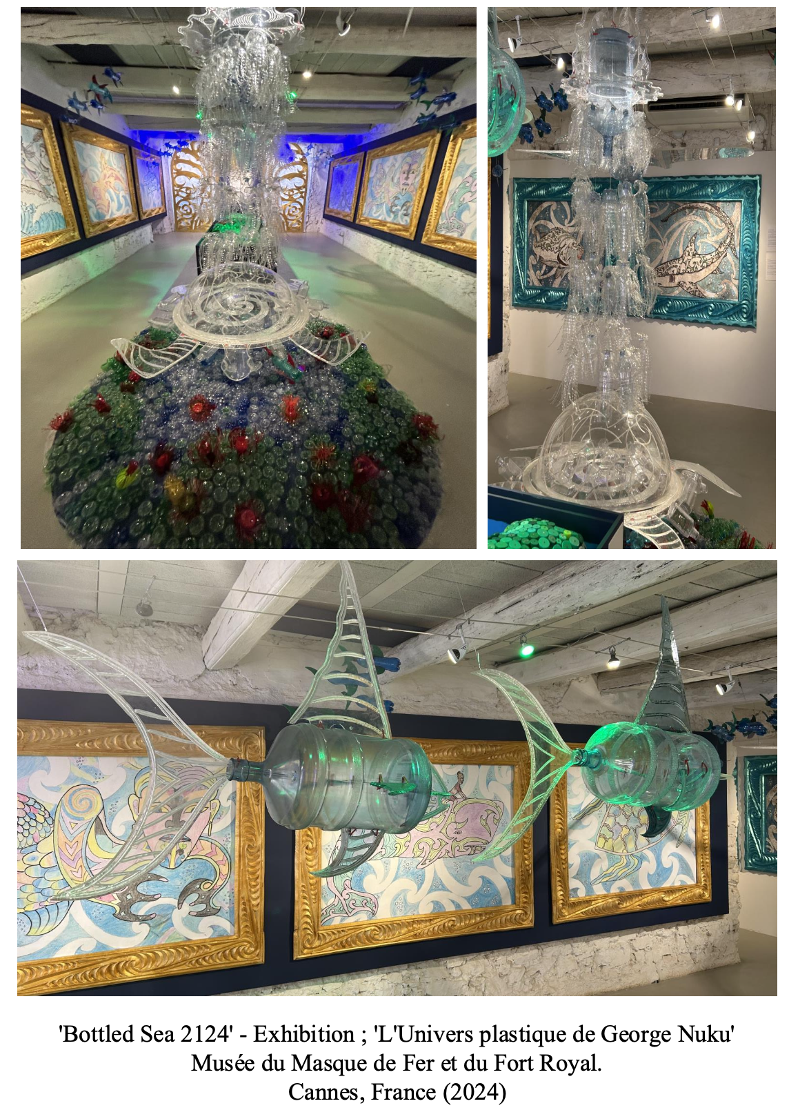 Three photos of an art exhibit featuring sculptures made from glass bottles, arranged like sea creatures, with framed artwork on the wall behind. The display includes a large, sea-inspired sculpture composed of bottles and colorful decorations, with fish and sea creature motifs.