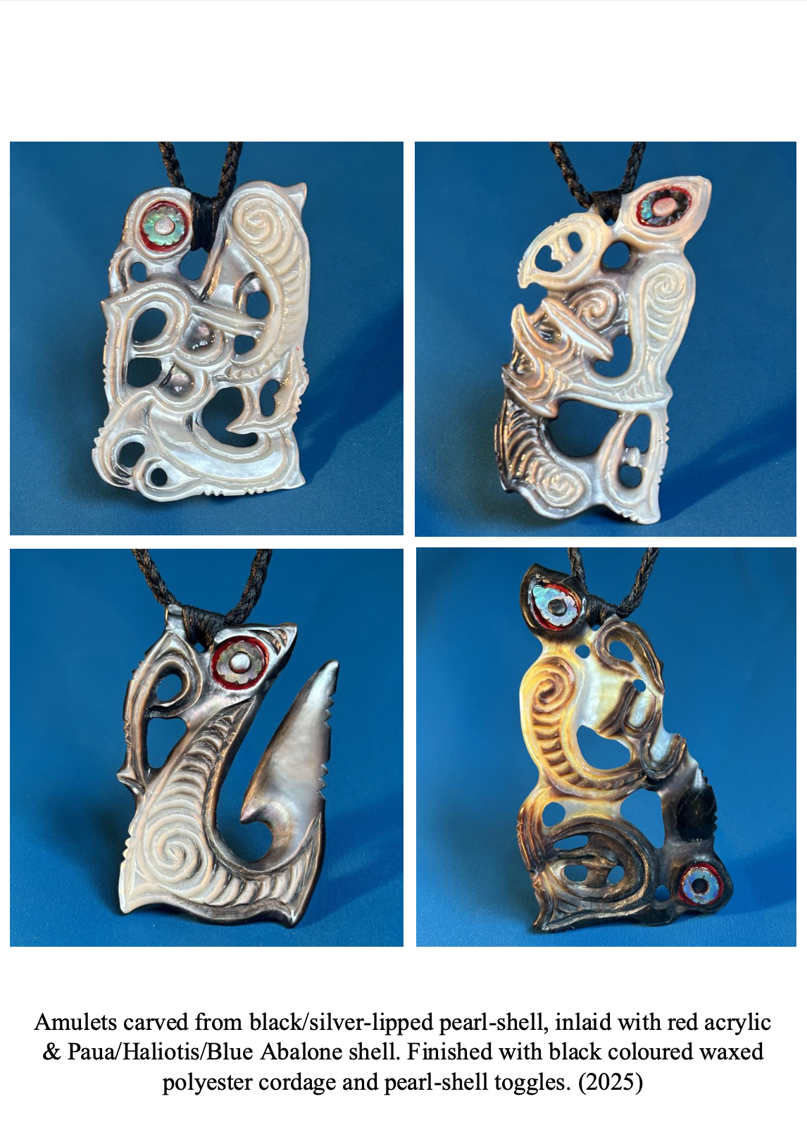 Four amulet pendants carved from black and silver-lipped pearl shell, featuring intricate swirling designs and inlaid with red acrylic and Paua, Haliotis, or Blue Abalone shell. Each pendant is finished with black waxed polyester cord and pearl-shell toggles, taken in 2025.