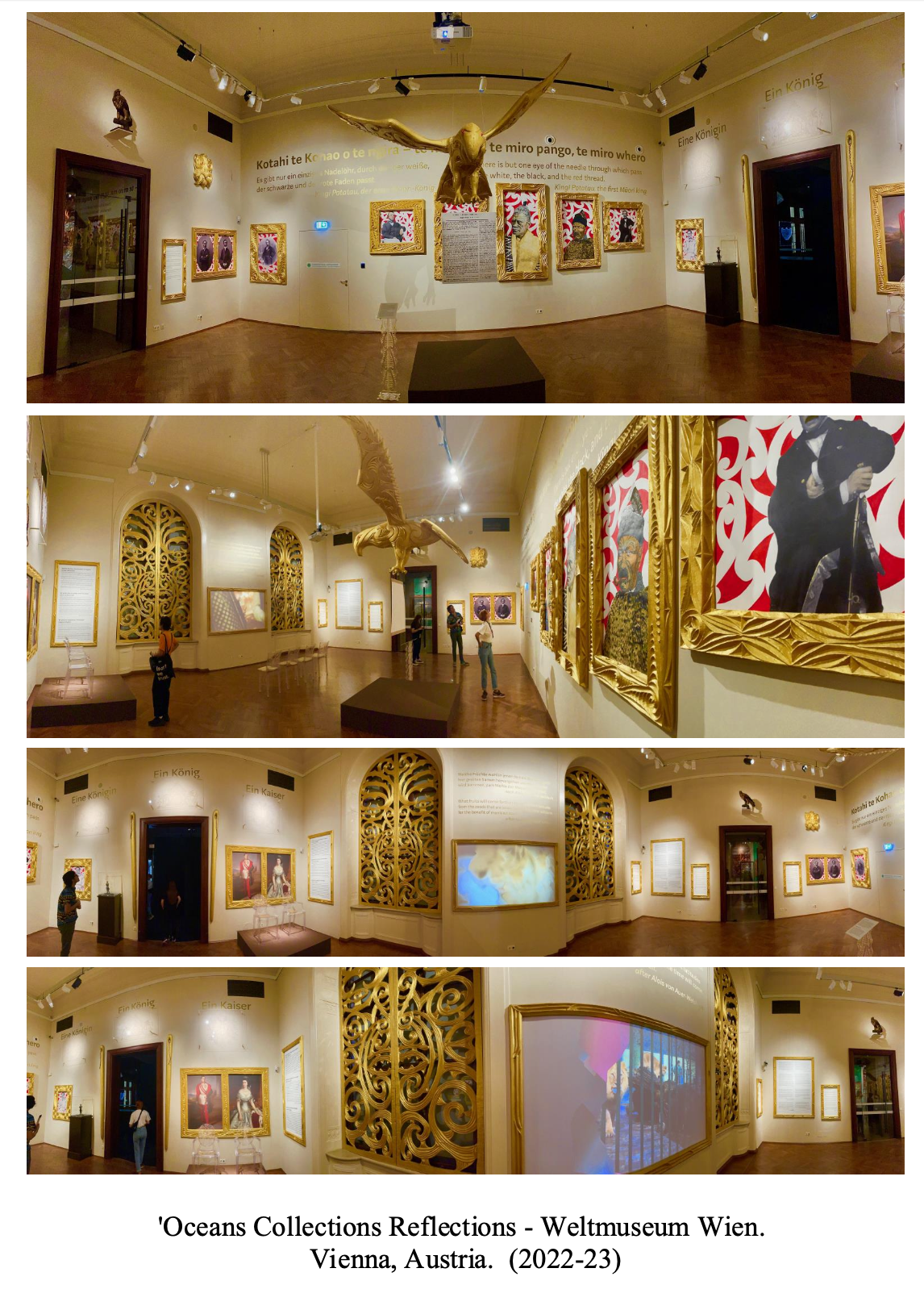 Panoramic view of an art exhibition titled 'Oceans Collections Reflections' at Weltmuseum Wien in Vienna, Austria, 2022-23. The display includes framed artwork, gold decorative elements, and sculptures, with visitors observing and engaging with the pieces.