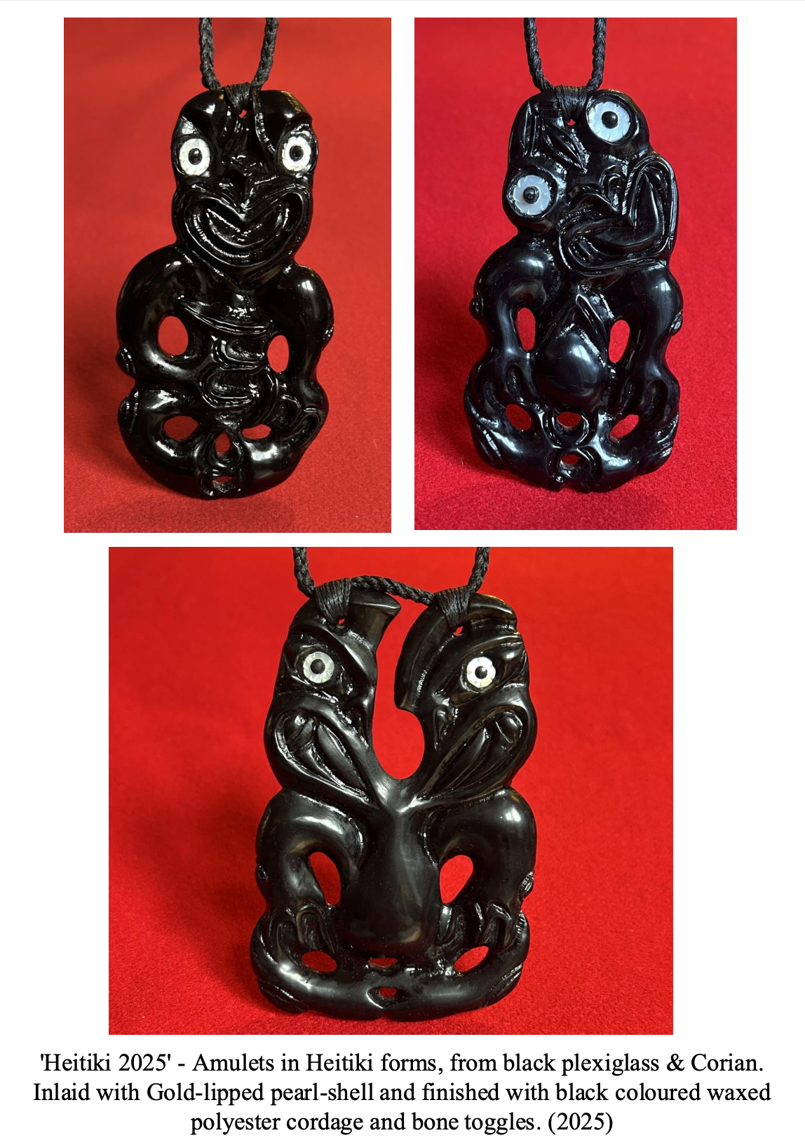 Three black Heitiki amulets made from plexiglass and Corian, featuring Heitiki forms with gold-lipped pearl shells and black waxed polyester cordage, each showing a stylized humanoid face with large eyes and a carved body, displayed against a red background.