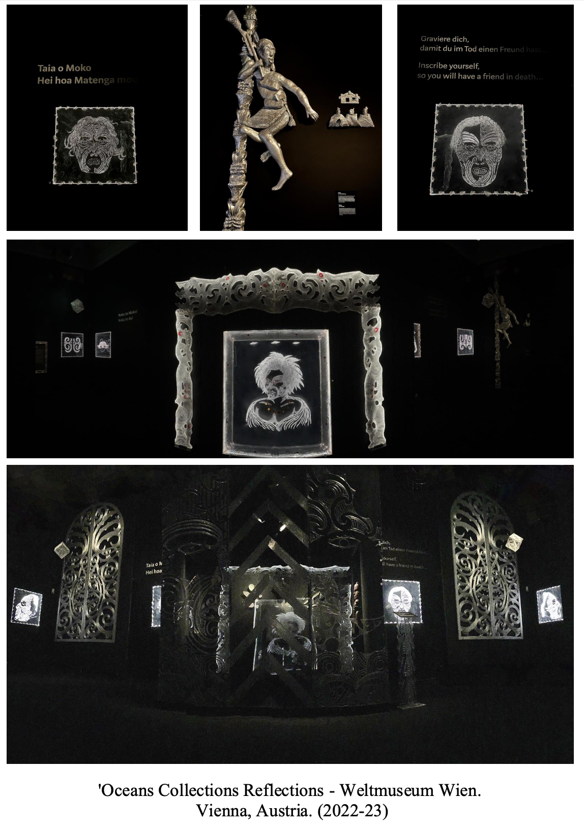 Exhibit artwork with illuminated glass carvings and sculptures from the 'Oceans Collections Reflections' display at Weltmuseum Wien in Vienna, Austria, 2022-23, featuring maritime folk art and glass crafts.