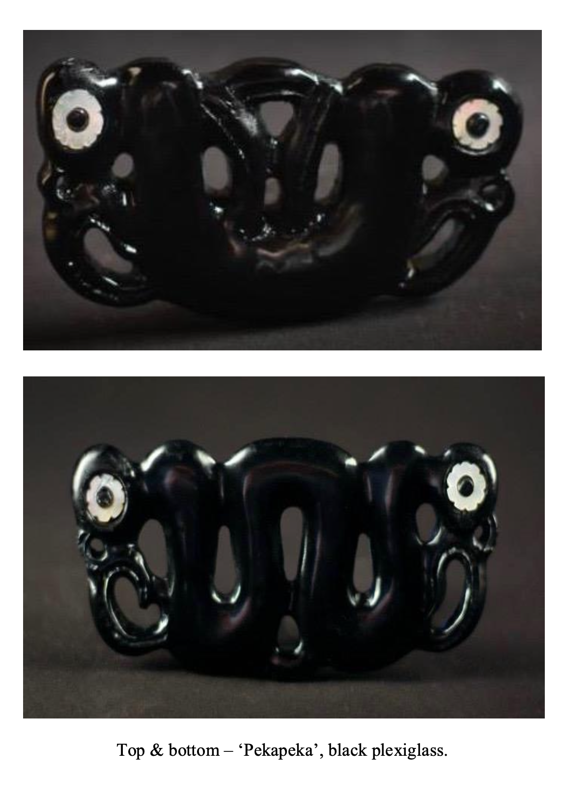 Two black plexiglass sculptures named 'Pekapeka,' with intricate cut-out patterns, viewed from front and back, set against a dark background.