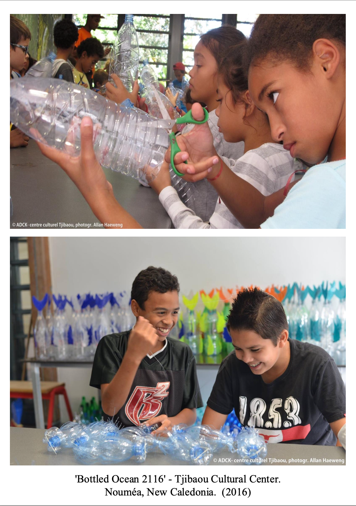 Children at Tjibaou Cultural Center in New Caledonia making art with plastic bottles, creating bottle sculptures.