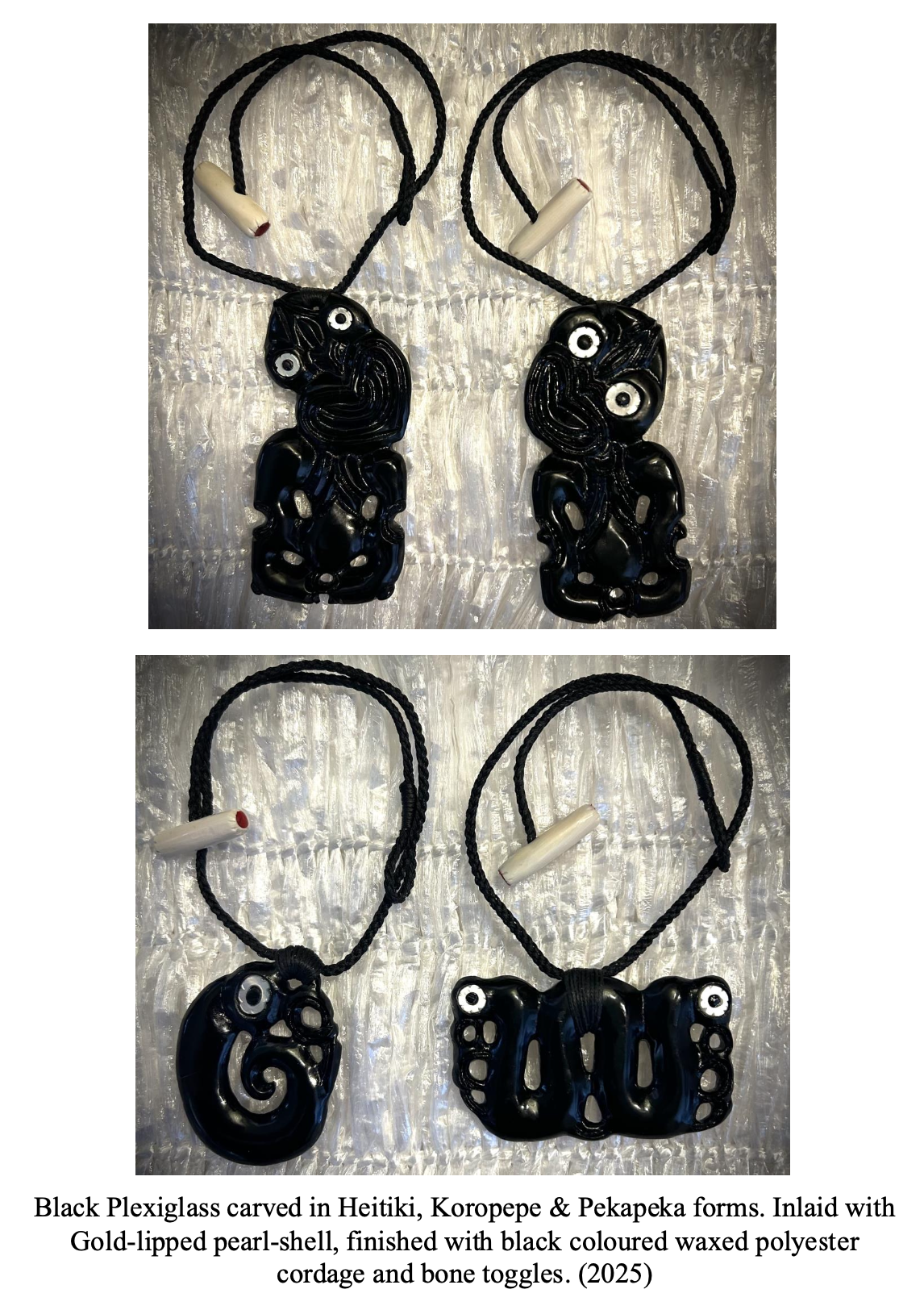 Two pairs of black plexiglass pendants with carved Heitiki, Koropepe, and Pekepeka designs, each on a black cord with bone toggle fasteners, laid on a shiny textured surface.