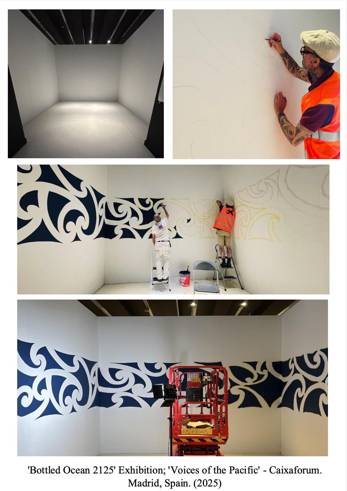 Three photos of artists creating a mural at an art exhibition titled 'Bottled Ocean 2125' at Caixaforum in Madrid, Spain, 2025. The first photo shows an empty white room with black ceiling beams. The second photo depicts an artist drawing on the wall wearing an orange vest and cap. The third photo shows the completed mural with two artists working on it, one on a ladder and another painting near a corner, with a cherry picker in the room.
