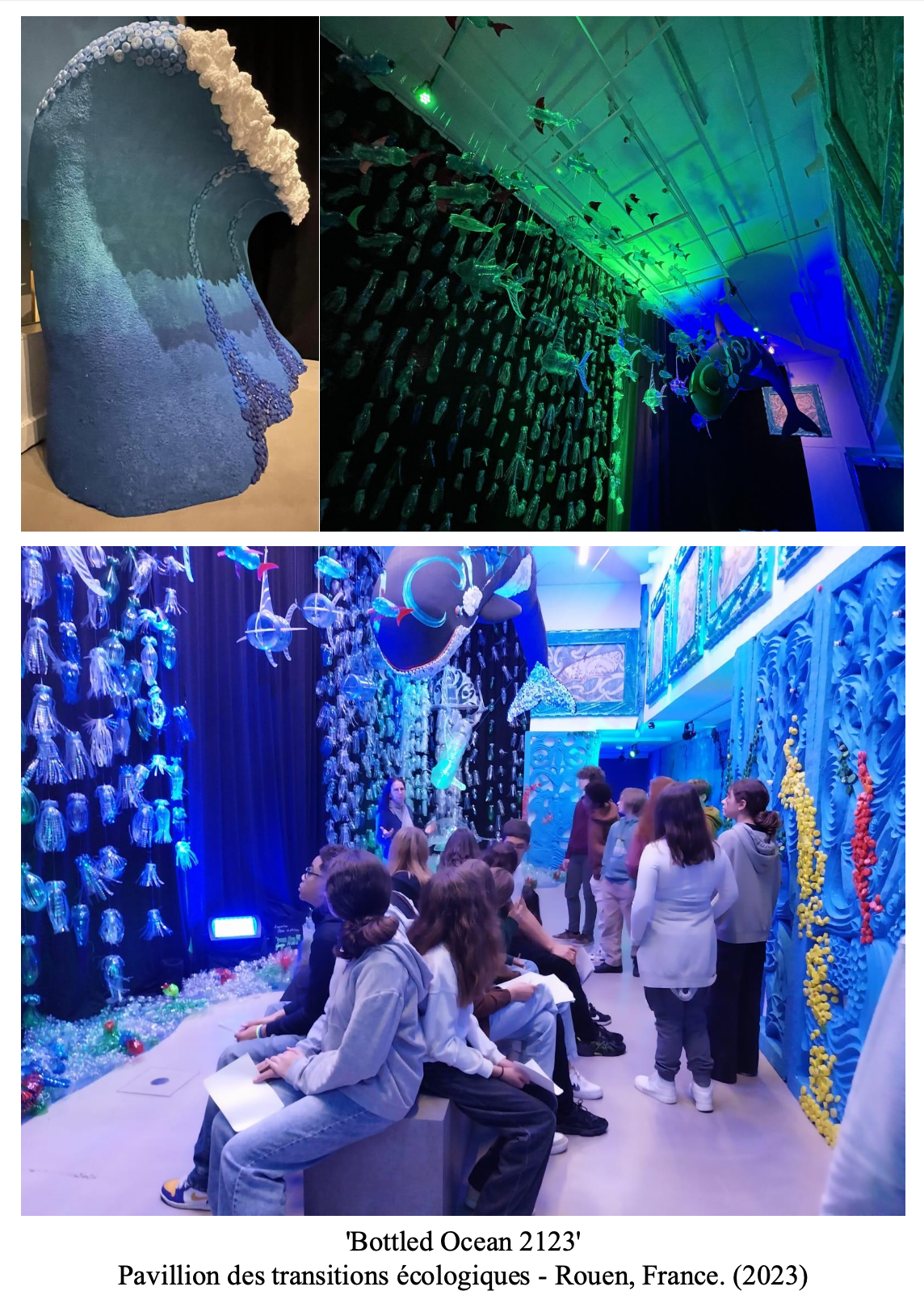 Exhibit titled 'Bottled Ocean 2123' featuring seashell and ocean-themed sculptures and artwork, with visitors observing the display in a pavilion dedicated to ecological transitions in Rouen, France, 2023.