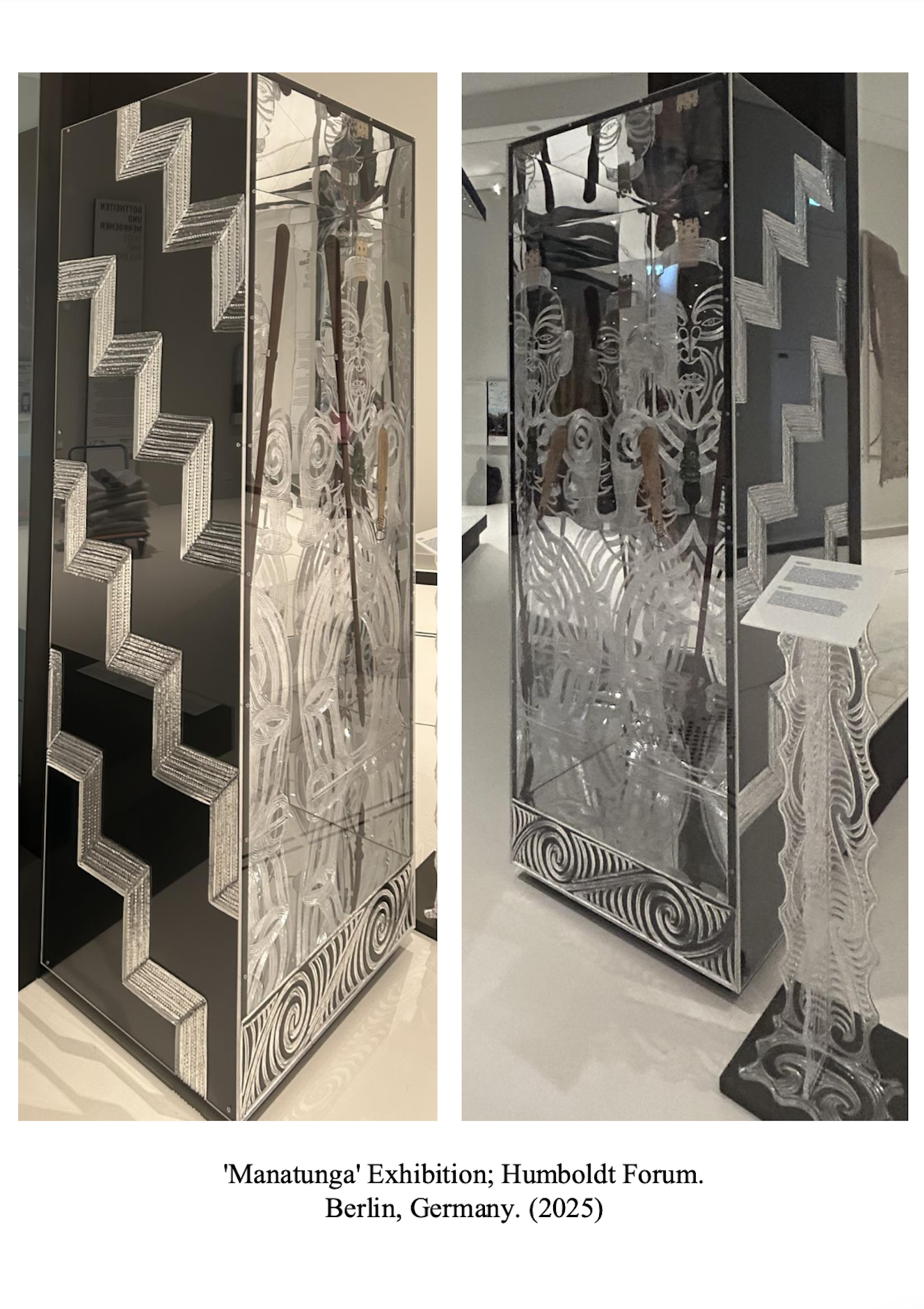 Two intricately designed glass display cabinets with geometric patterns and swirling motifs feature in an art exhibition display at the Humboldt Forum in Berlin, Germany, 2025.