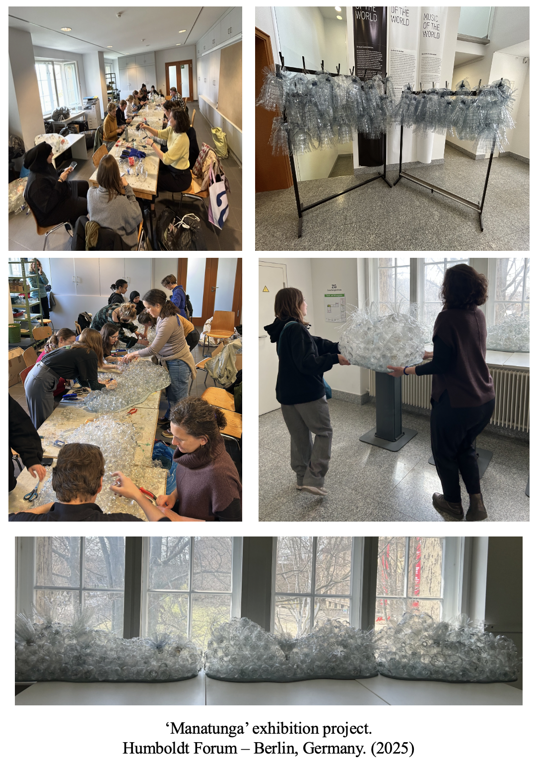 Images showing groups of people participating in a glass art workshop, creating installations with recycled glass bottles, part of the 'Manantunga' exhibition project at Humboldt Forum in Berlin, Germany, 2025.