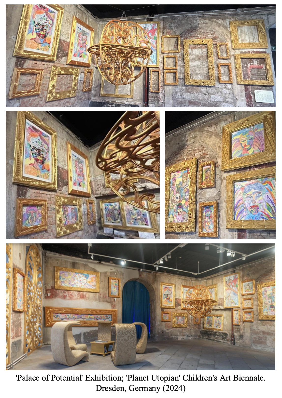 An art gallery titled 'Palace of Potential' at the 'Planet Utopian' Children's Art Biennale in Dresden, Germany, 2024. The gallery features colorful, abstract portrait paintings with ornate gold frames, a unique spherical chandelier, and modern seating.