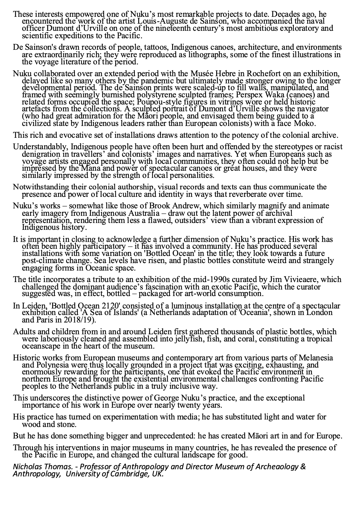 Text excerpt describing Nicholas Thomas's work on indigenous and colonial art, including Maori art, Native Australian art, and ocean-themed installations, emphasizing cultural exchange and artistic innovation.