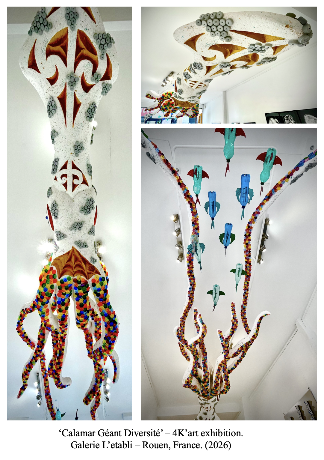 Large art installation titled 'Calamar Géant Diversité' at Galerie L'etabli in Rouen, France, 2026. It features whimsical, colorful squid-like sculptures hanging from the ceiling, made of vibrant materials with dotted patterns.