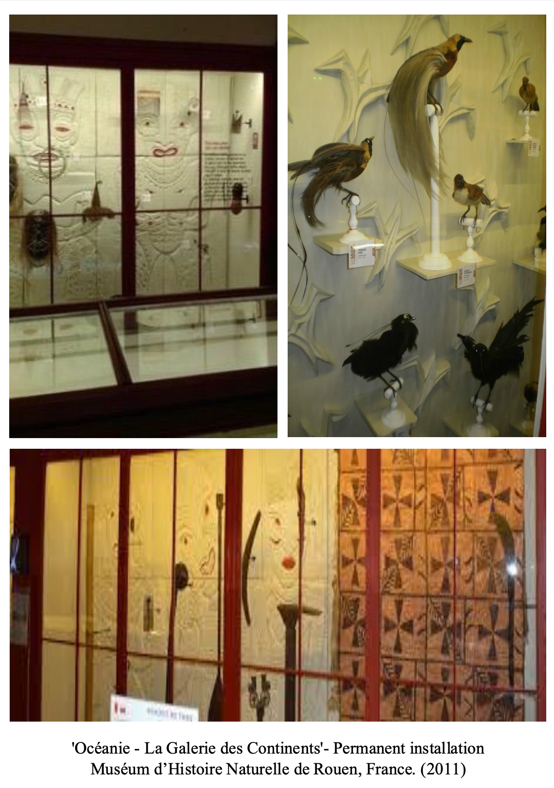 Three different display cases with traditional Polynesian and Oceanic art and artifacts, including carved masks and wooden sculptures, exhibited at the Museum of Natural History in Rouen, France.