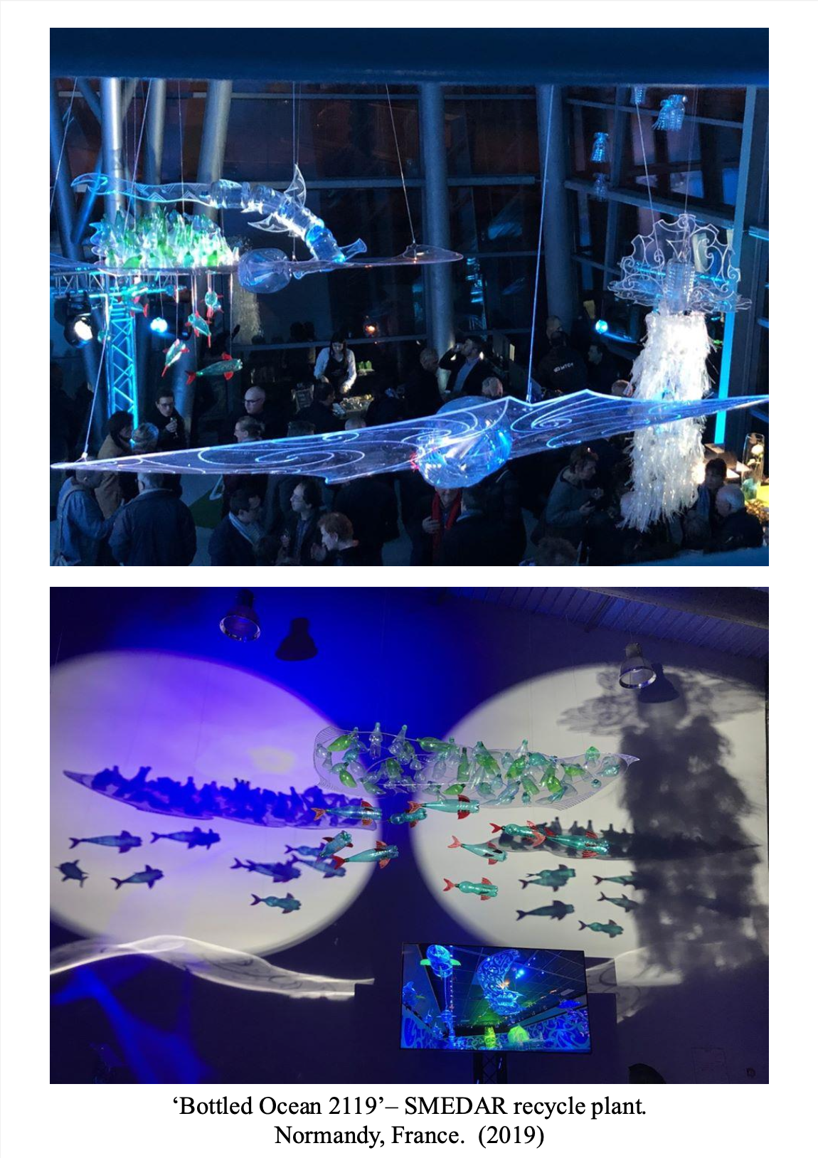 Exhibition titled 'Bottled Ocean 2119' at SMEDAR recycle plant in Normandy, France, features artistic installations of illuminated sculptures and suspended sculptures resembling aquatic life, creating an underwater scene with colorful lights and shadows.