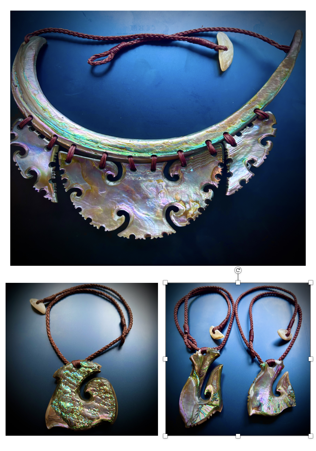 A set of three jewelry pieces featuring iridescent large shell or nacre components. The top shows a wide necklace with intricate shell segments and red cord, displayed against a dark background. The bottom left features a shell pendant on a red cord, and the bottom right displays a pair of shell earrings, also on red cords, all against a dark backdrop.