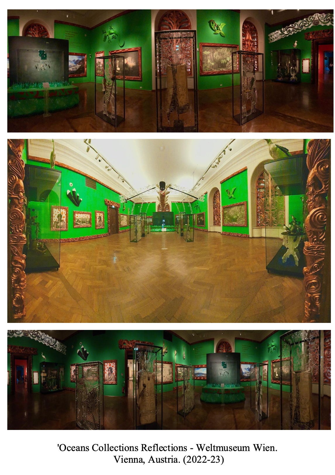 Interior views of the 'Oceans Collections Reflections' exhibit at the Weltmuseum Wien in Vienna, Austria, 2022-23. The exhibit features green walls decorated with marine life artwork and sculptures, glass display cases with artifacts, and a large marine-themed sculpture in the center.