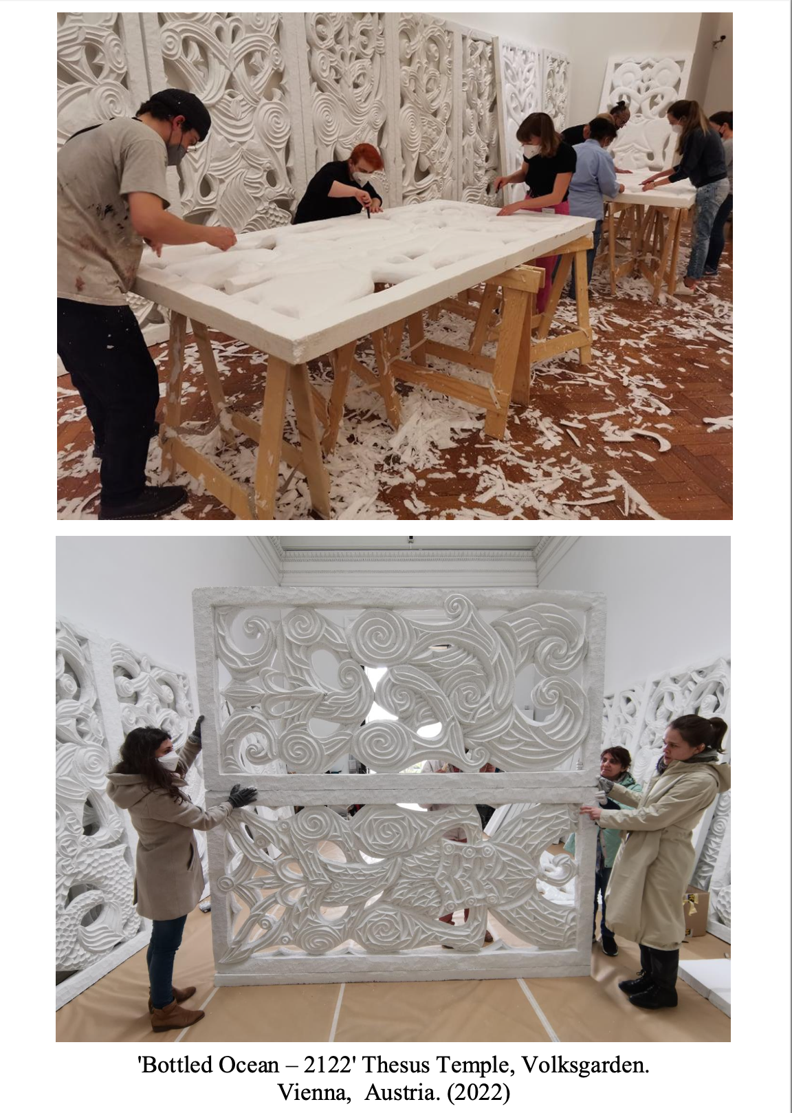 People working on creating intricate white sculptures, with one group assembling a large carved panel and another working on a large white textured installation, both in art gallery settings.