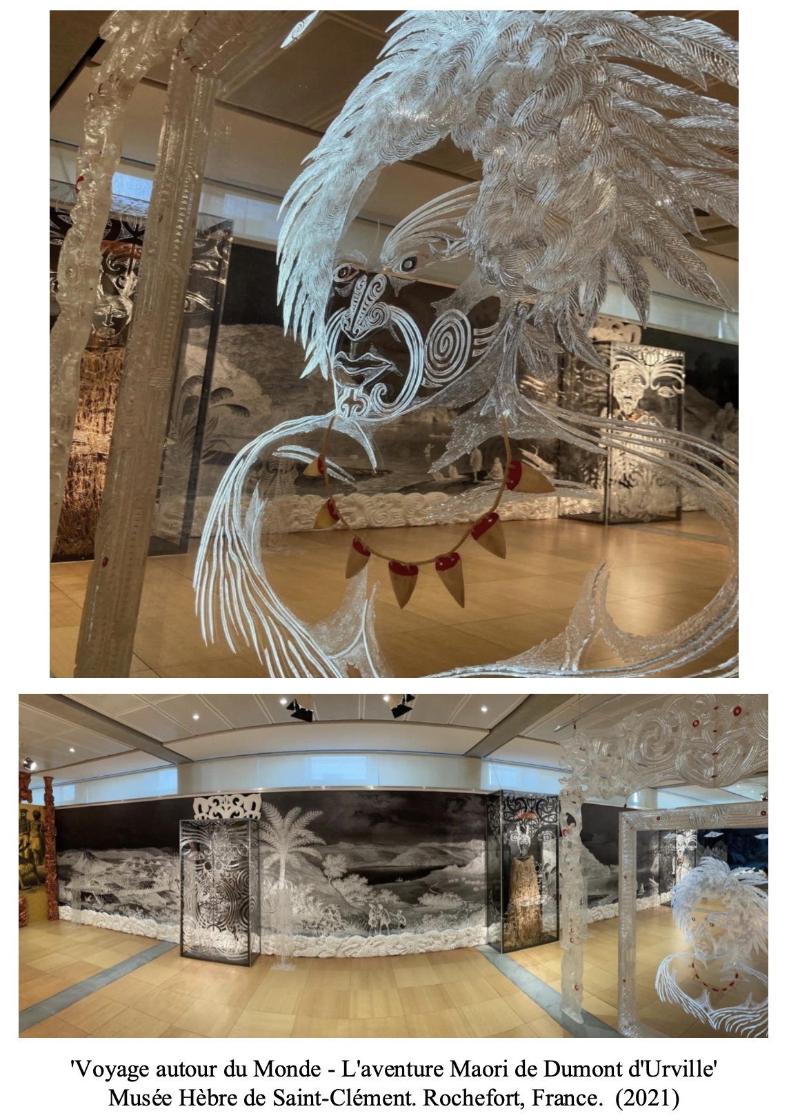 Art installation featuring intricate carved ice sculptures of Māori faces and figures, displayed at the Musée Hébre de Saint-Clément in Rochefort, France, 2021.