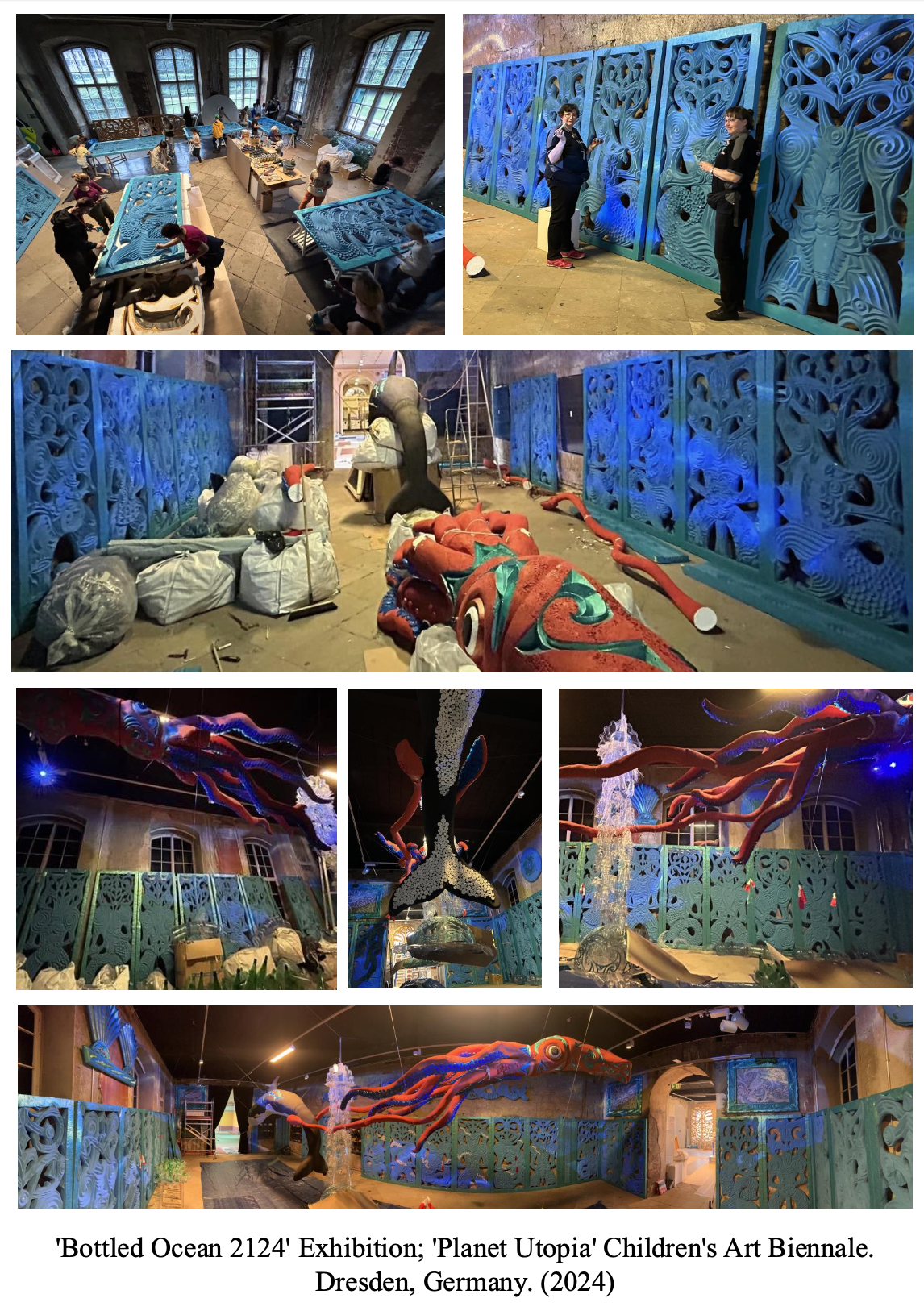 Progress of the 'Bottled Ocean 2124' exhibition at 'Planet Utopia' Children's Art Biennale in Dresden, Germany, showcasing the installation process of large, colorful marine-themed sculptures and intricate blue panels with ocean-inspired patterns.