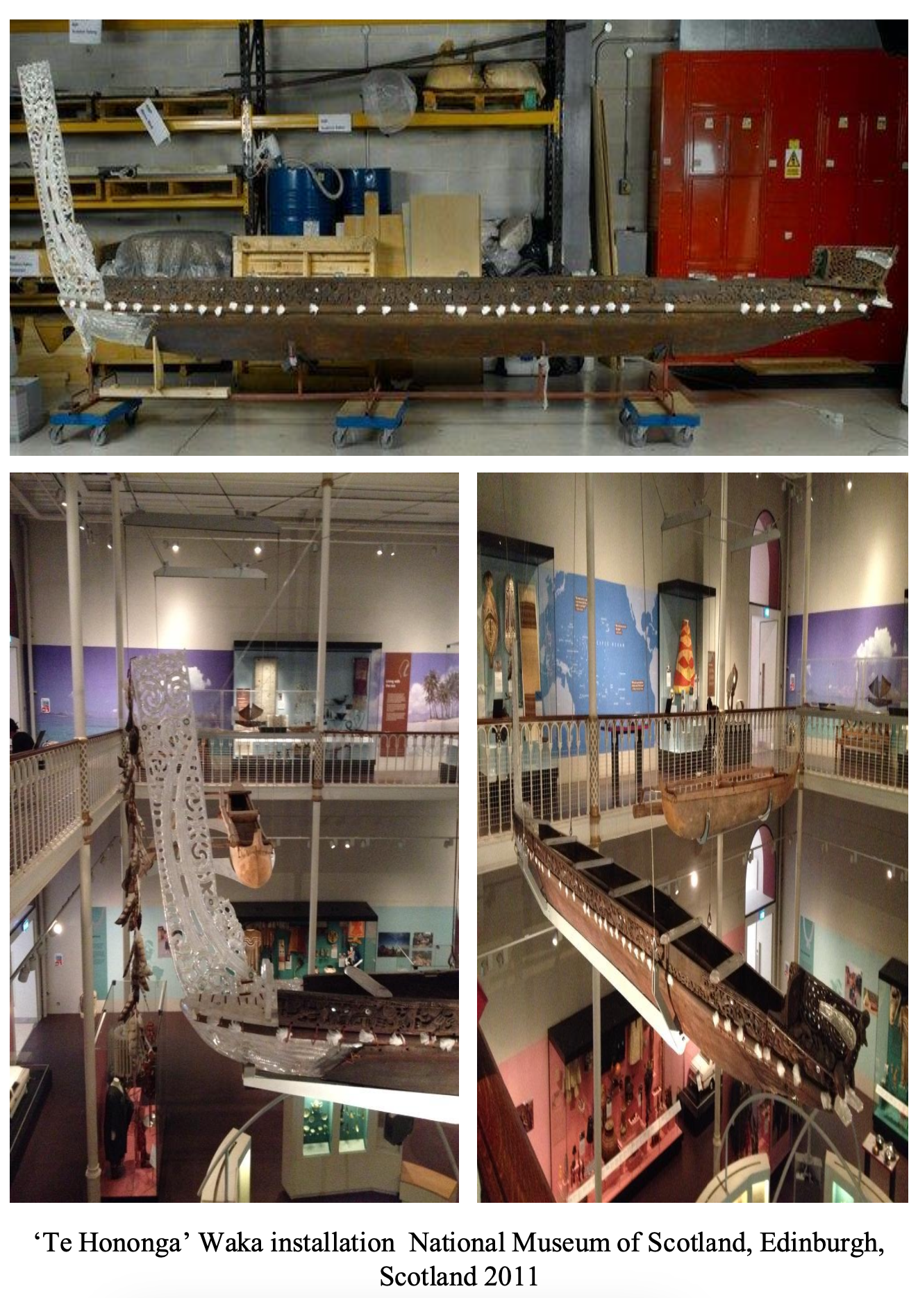 Photos of restored traditional wooden and carved canoes and war canoes displayed as part of the 'Te Hononga' Waka installation at the National Museum of Scotland in Edinburgh, Scotland, 2011.