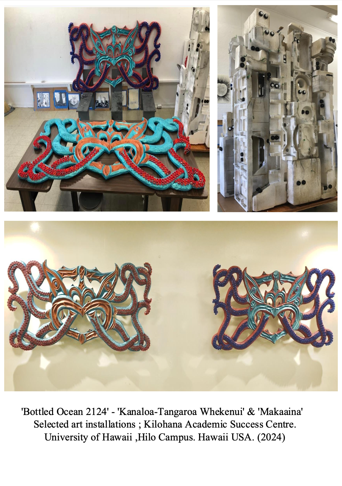 Three images of art installations featuring colorful, intricate, octopus-inspired sculptures. The sculptures are displayed on walls and tables, with some sections including photographs and abstract designs. The art is titled 'Bottled Ocean 2124' and is part of selected installations at the Kilohana Academic Success Centre, University of Hawaii, Hilo Campus, 2024.