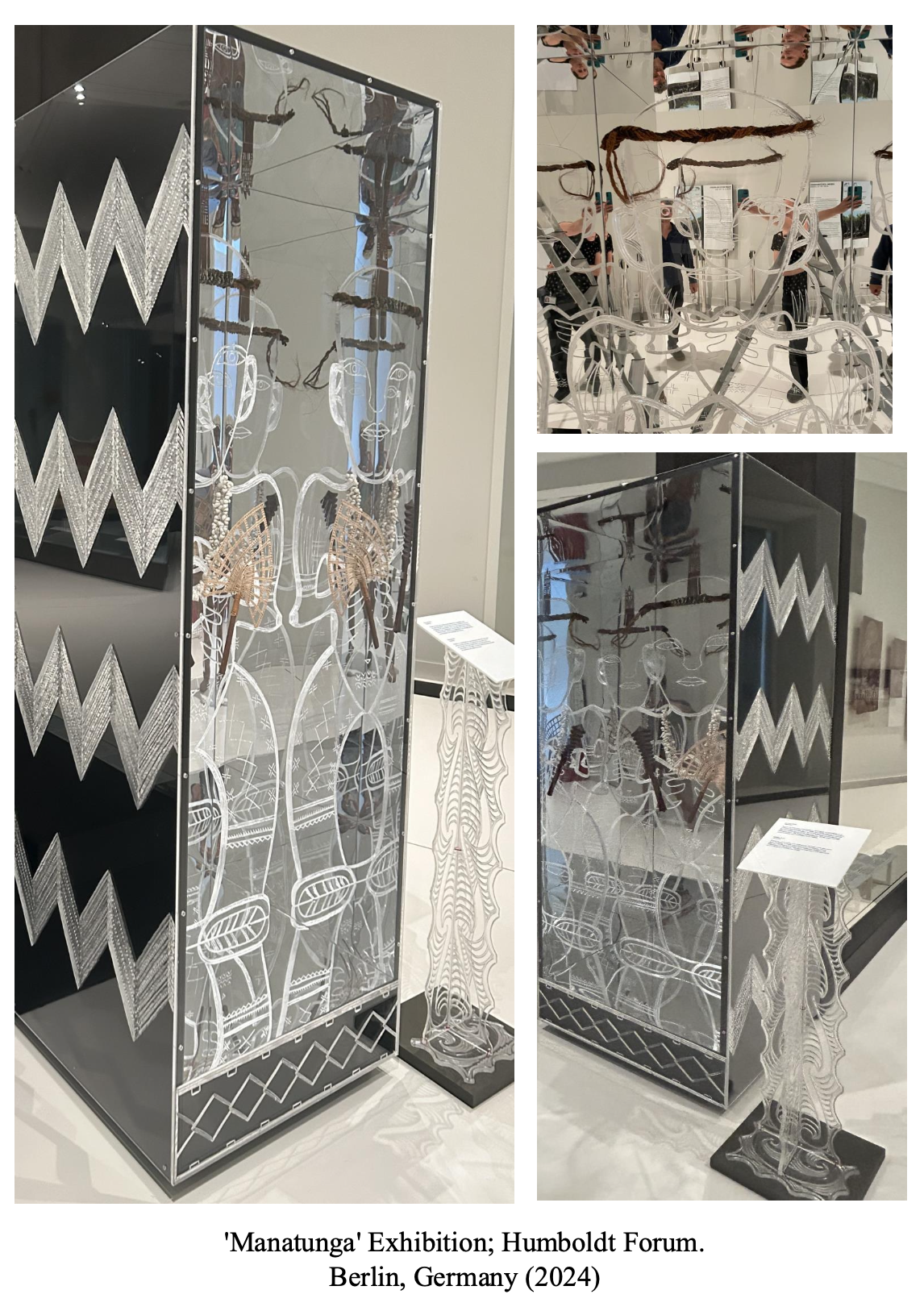 Contemporary art display at the Manatunga Exhibition, Humboldt Forum, Berlin, Germany, 2024, featuring glass panels with white line illustrations of human figures and brain anatomy, and geometric patterned black and white structures.
