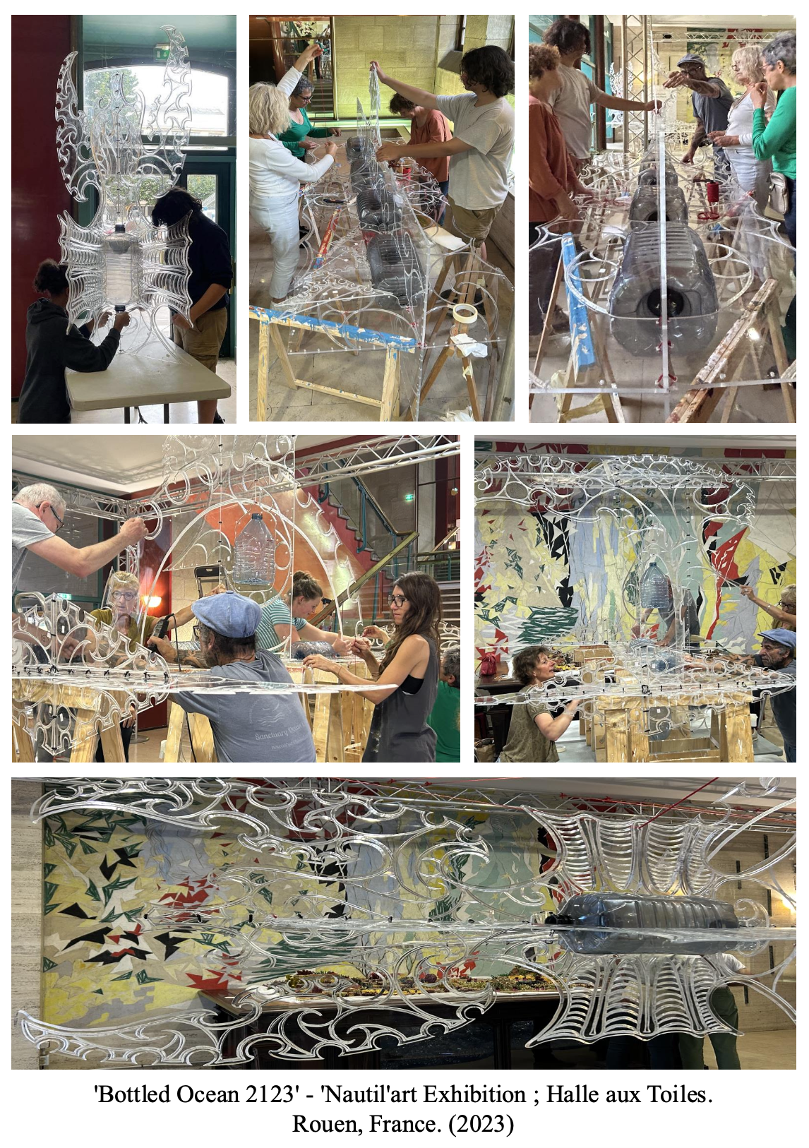 People assembling and viewing a large, intricate, transparent art sculpture resembling a bottled ocean scene at the Nautil'art Exhibition in Rouen, France, 2023.