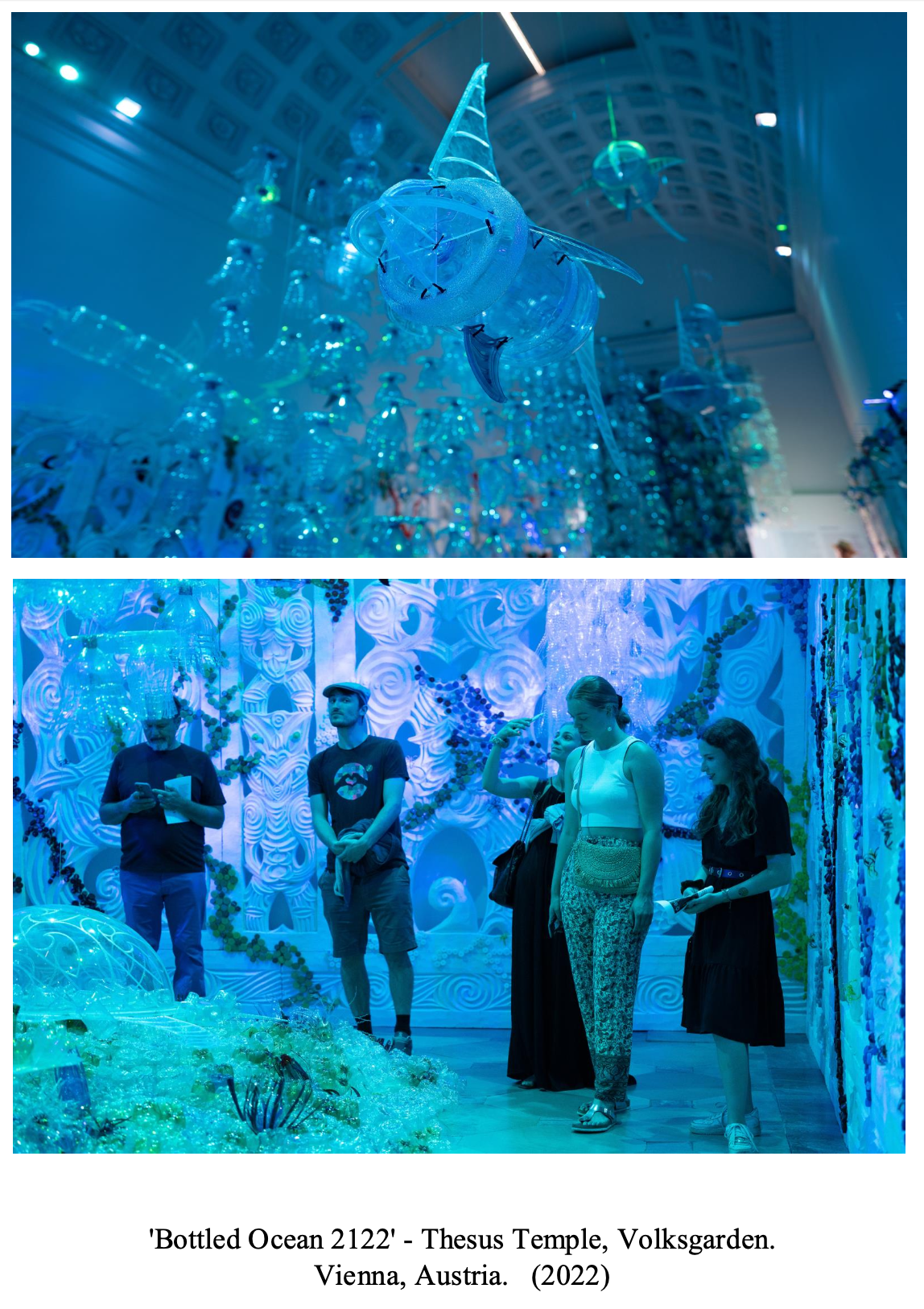 Exhibit called 'Bottled Ocean 2122' at Thesus Temple, Volksgarten in Vienna, Austria, displayed with hanging glass or plastic marine creatures and illuminated setup, with visitors observing and taking photos.