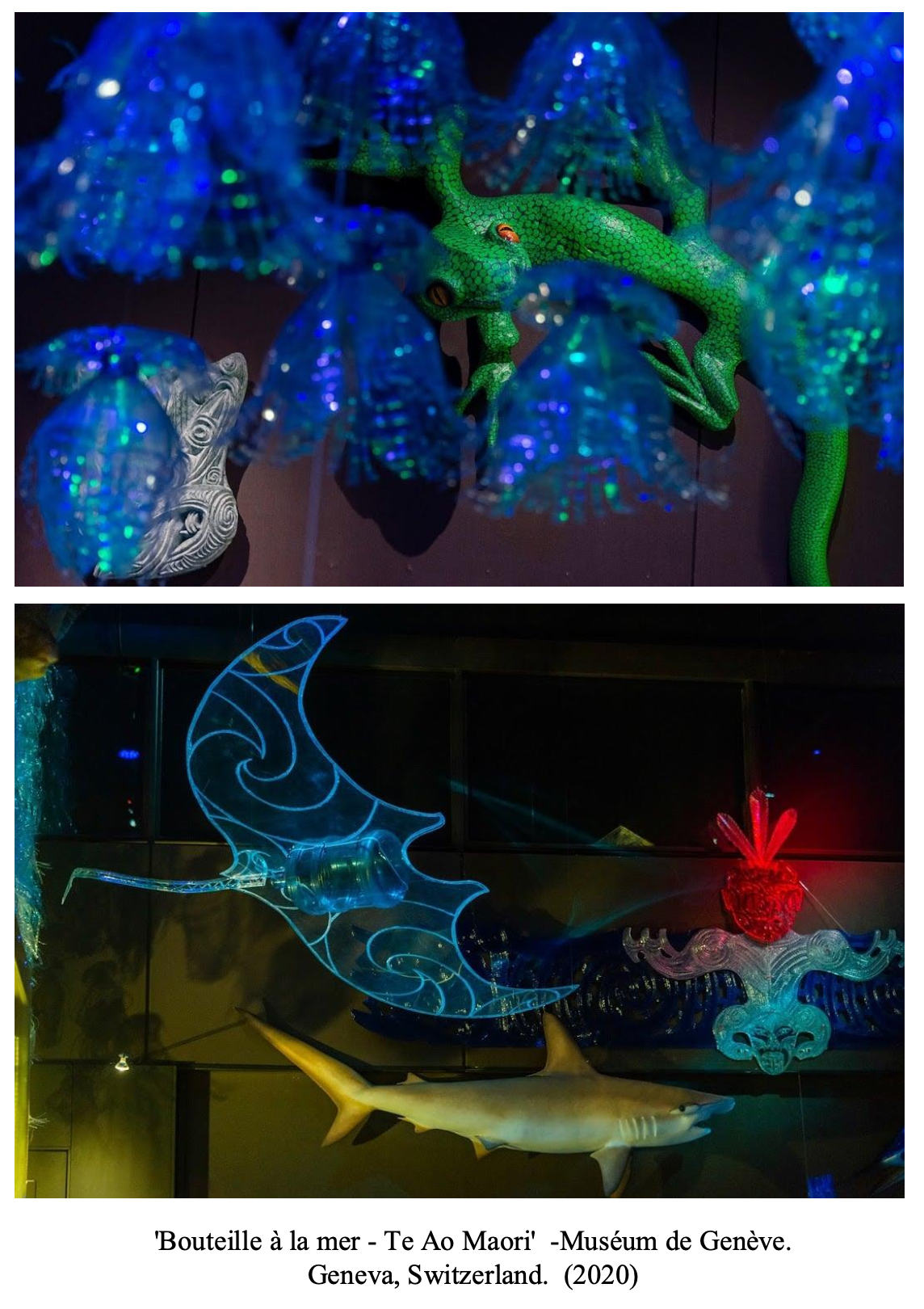Colorful illuminated underwater-themed art installation featuring a neon green gecko, a glowing blue manta ray, and a realistic shark model, displayed at the Museum of Geneva, Switzerland in 2020.